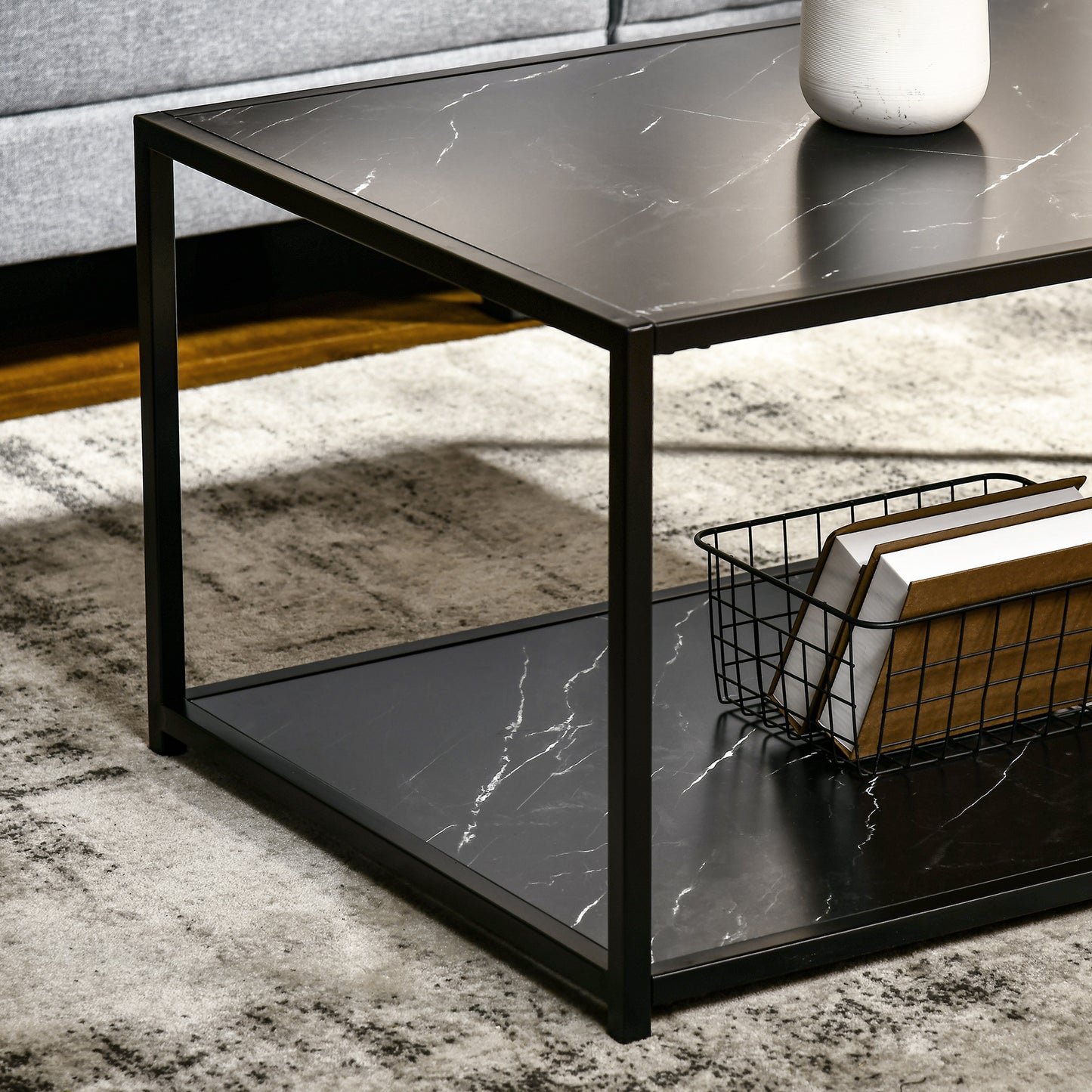 HOMCOM Modern Coffee Table with Faux Marble Top, Cocktail Table with 2-Tier Storage and Steel Frame for Living Room, Black