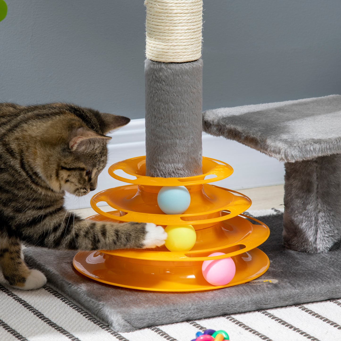 PawHut CatÂ TreeÂ TowerÂ ActivityÂ CenterÂ ClimbingÂ StandÂ KittenÂ HouseÂ FurnitureÂ withÂ ScratchingÂ PostsÂ Toy abdÂ PerchÂ 56cmÂ Grey