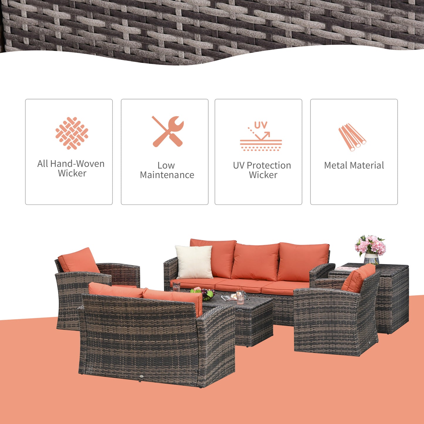 Outsunny 6 PCS Patio Rattan Wicker Sofa Set Conversation Furniture w/ Storage & Cushion