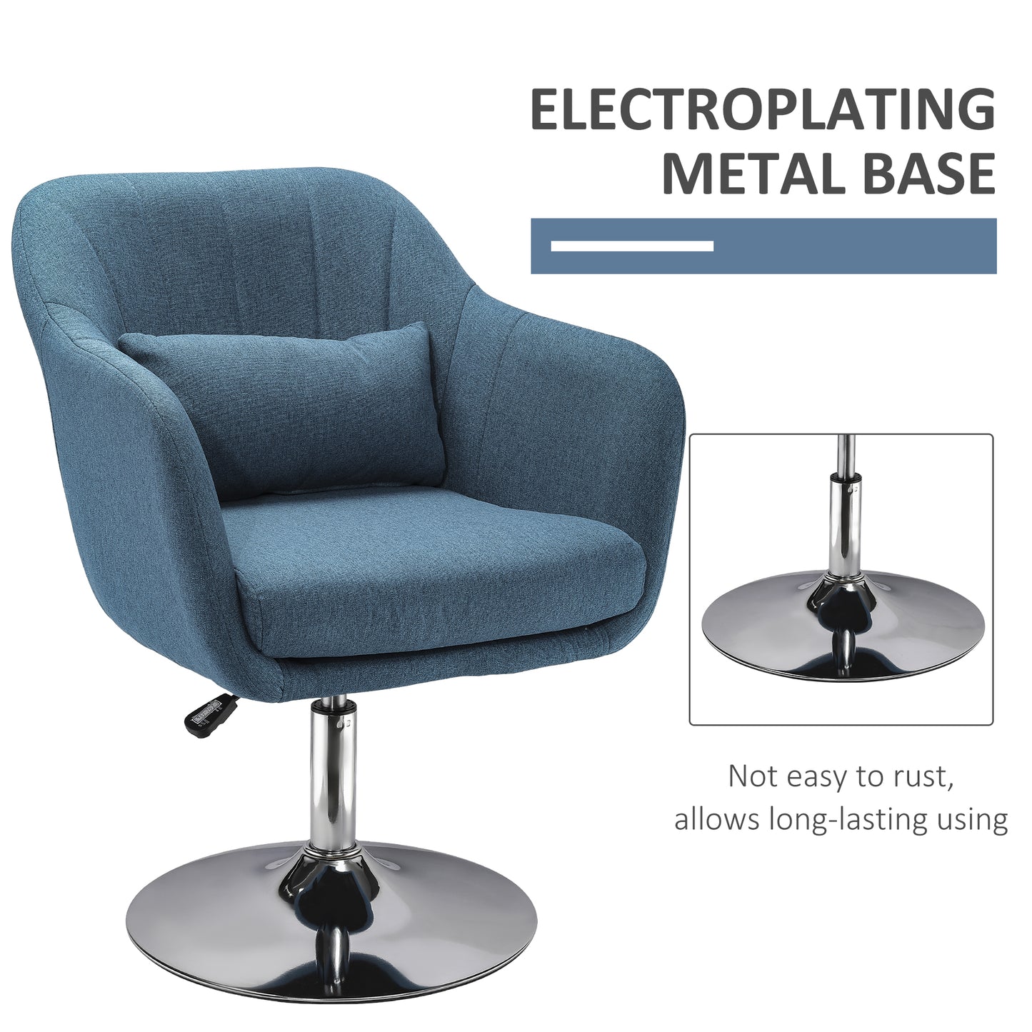 HOMCOM Swivel Accent Chair for Living Room Contemporary Vanity Armchair with Adjustable Height Thick Cushion Lumbar Support Armrest for Bedroom Office Blue