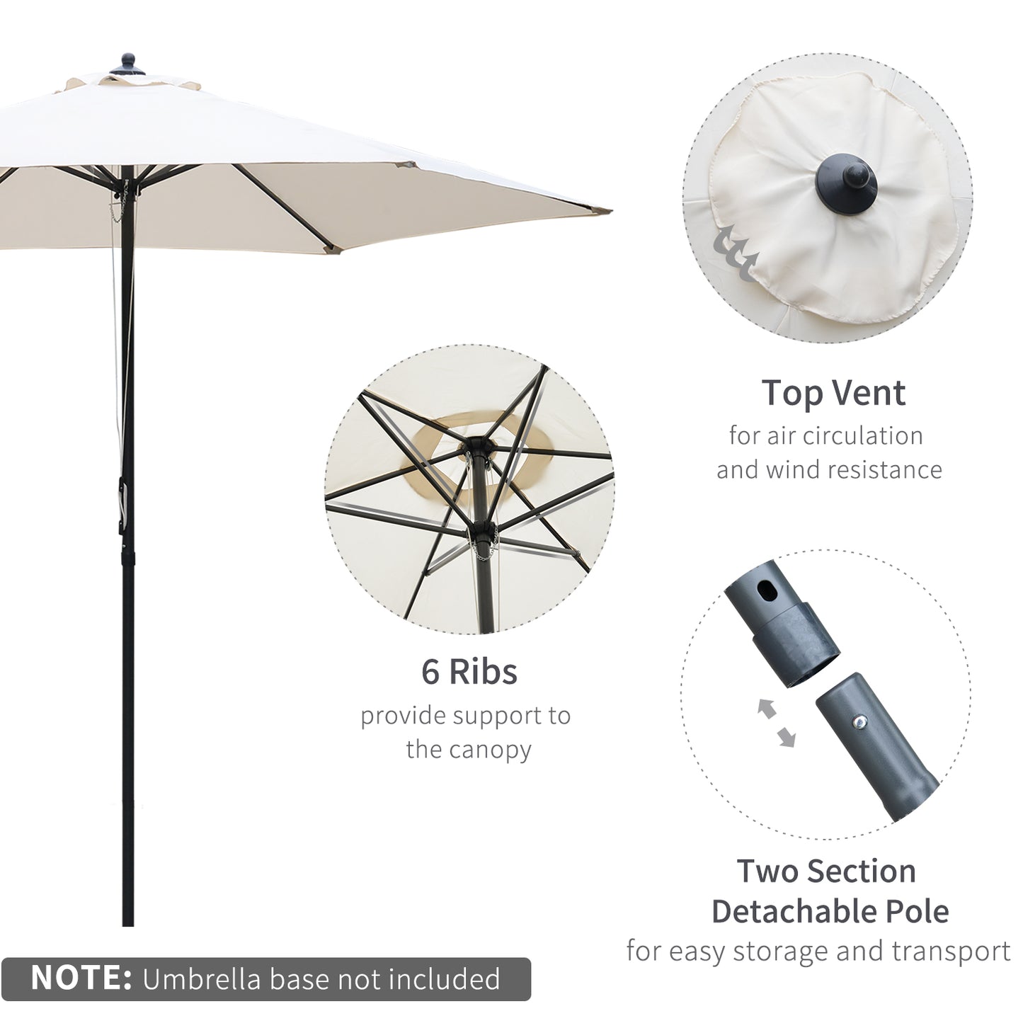 Outsunny Umbrella Parasol Φ2.8x2.4 m, Steel, Polyester-Cream White