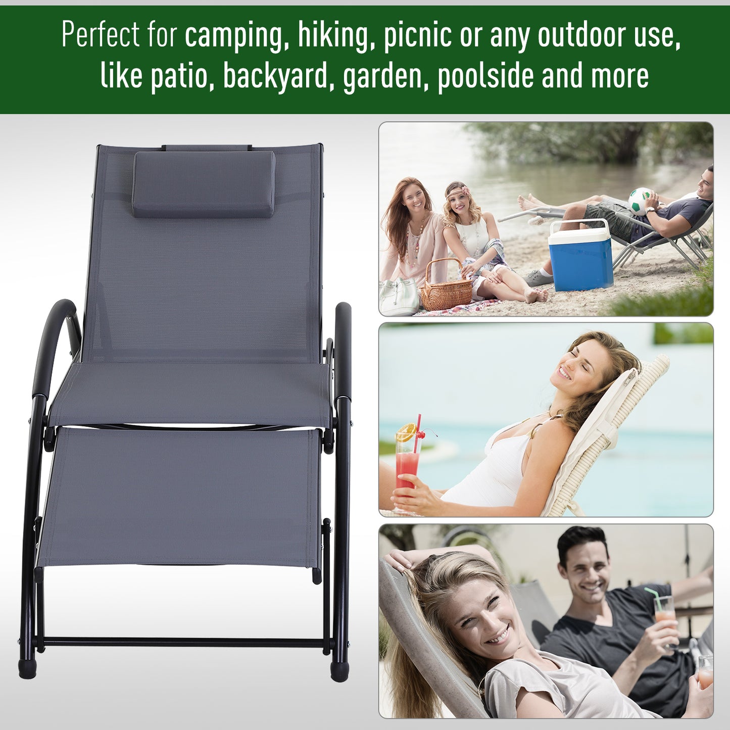 Outsunny Texteline Adjustable Recline Sun Lounger w/ Headrest Grey