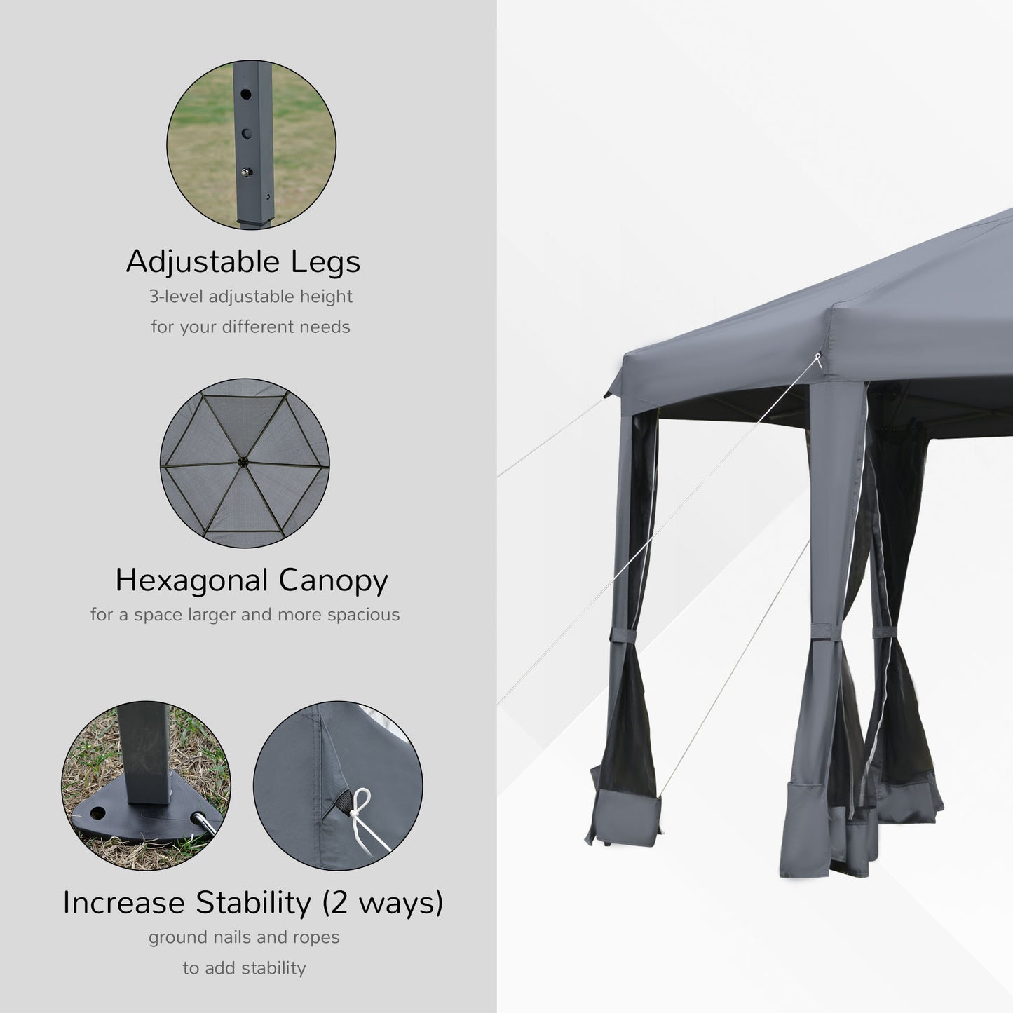 Outsunny 3.2m Pop Up Gazebo Hexagonal Canopy Tent Outdoor Mesh Sidewalls Bag Dark Grey