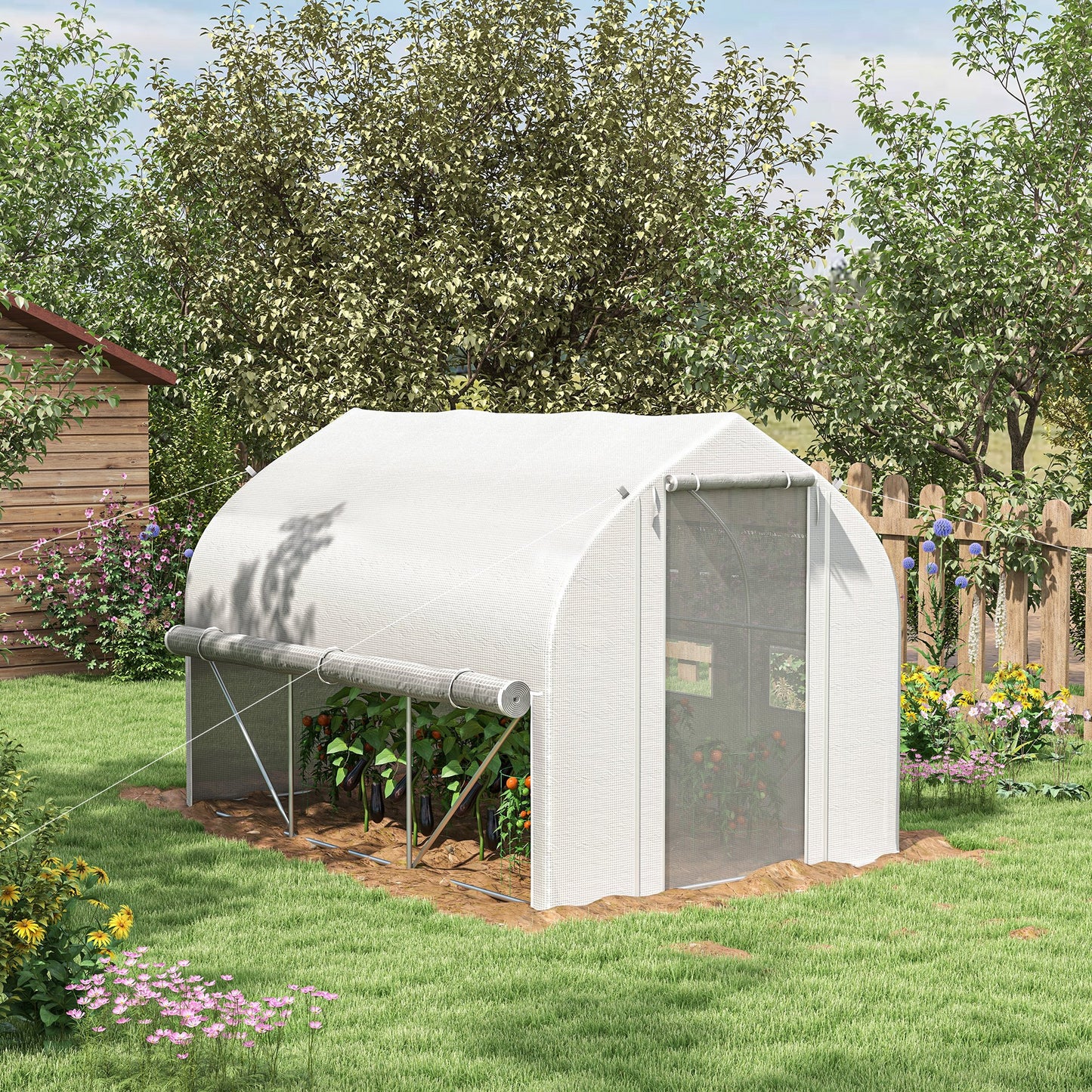 Outsunny 3 x 2(m) Walkin Polytunnel Greenhouse Zipped Roll Up Sidewalls Mesh Door 6 Mesh Windows Tunnel Warm House Tent with PE Cover Complimentary Plant Labels and Gloves White