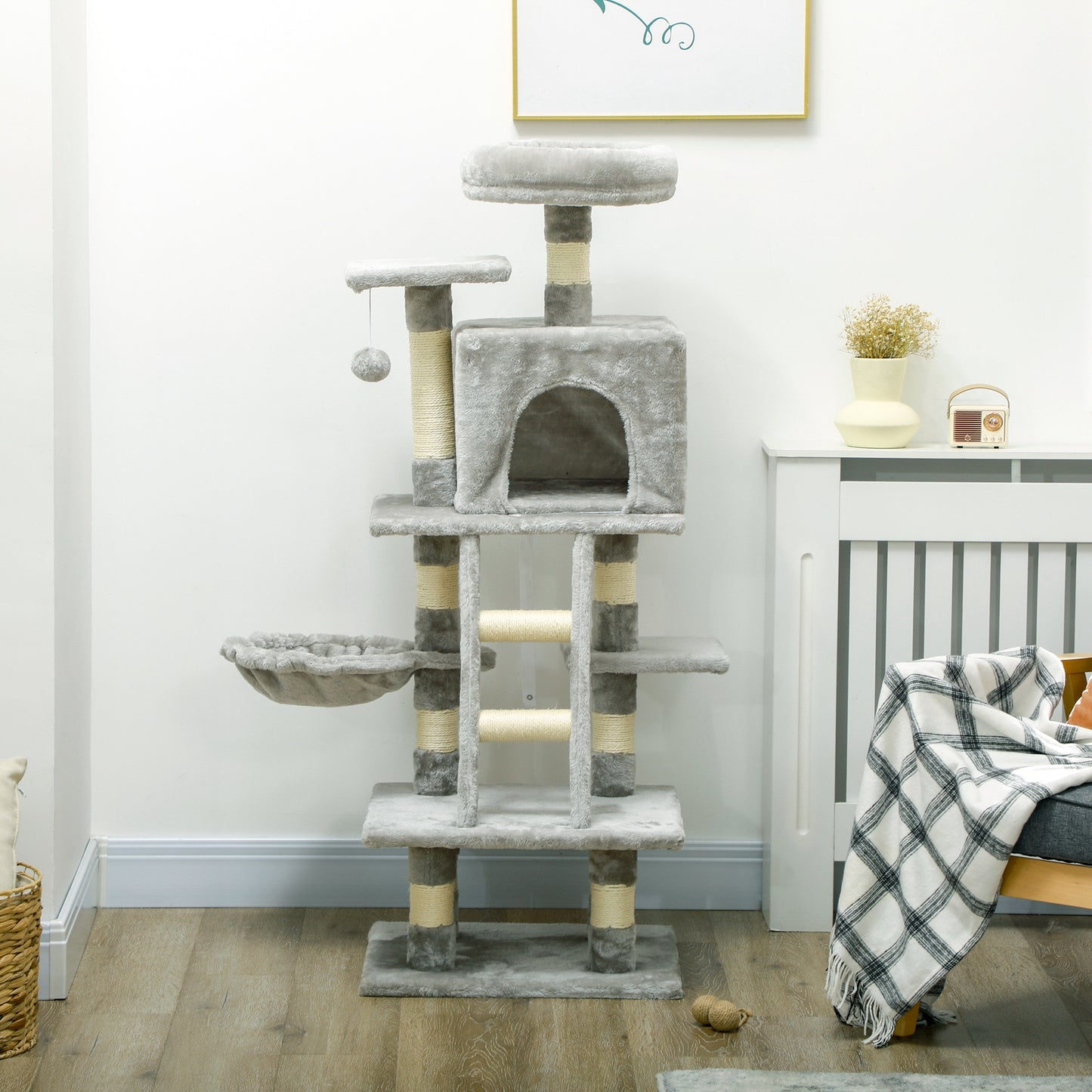 PawHut 132cm Cat Tree with Scratching Post, House, Hammock, Grey