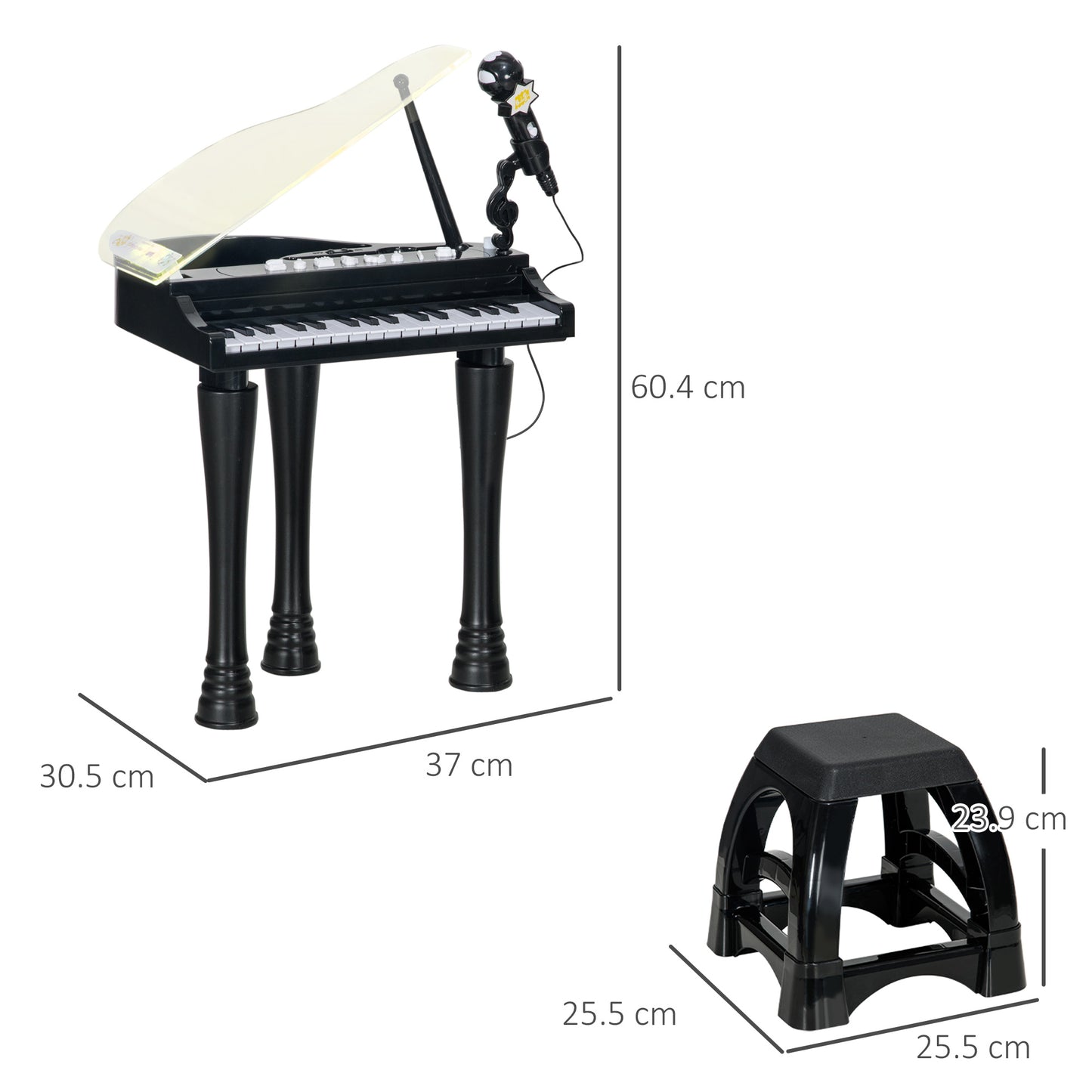 AIYAPLAY 32Key Kids Piano Keyboard with Stool Lights Microphone Sounds Removable Legs Black