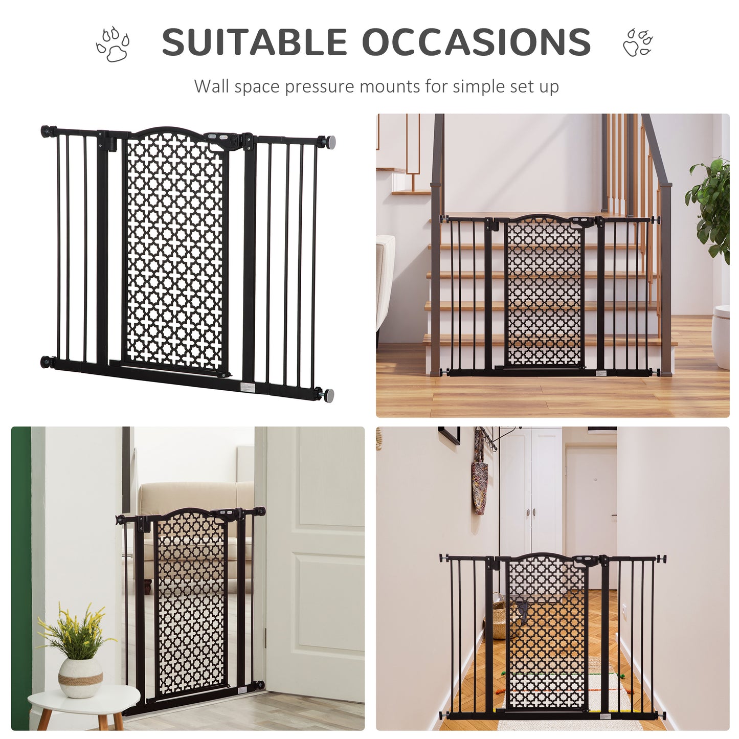 PawHut 74-105 cm Pet Safety Gate Barrier Stair Pressure Fit with Auto Close and Double Locking for Doorways, Hallways, Black