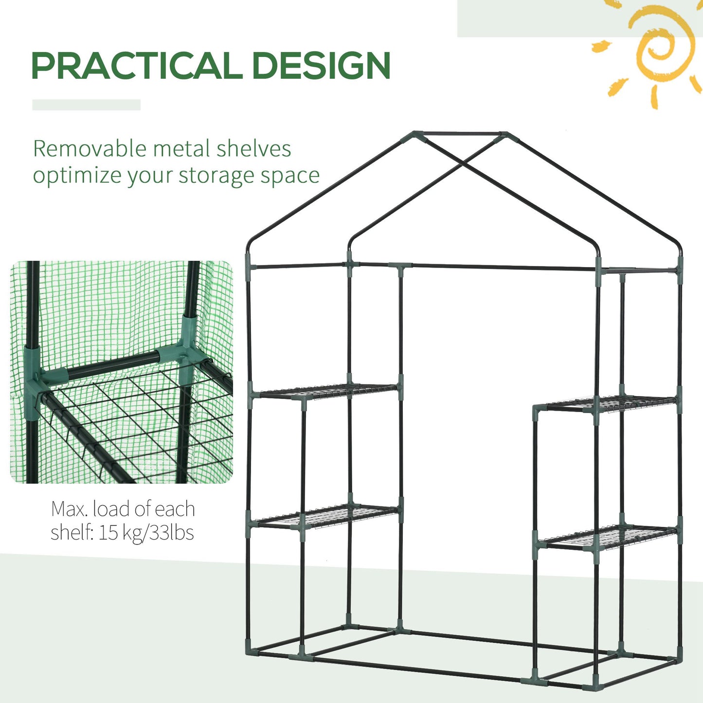 Outsunny Walk In Greenhouse for Outdoor, Portable Gardening Plant Grow House with 2 Tier Shelf, Roll-Up Zippered Door, PE Cover, 141x72x191cm, Green