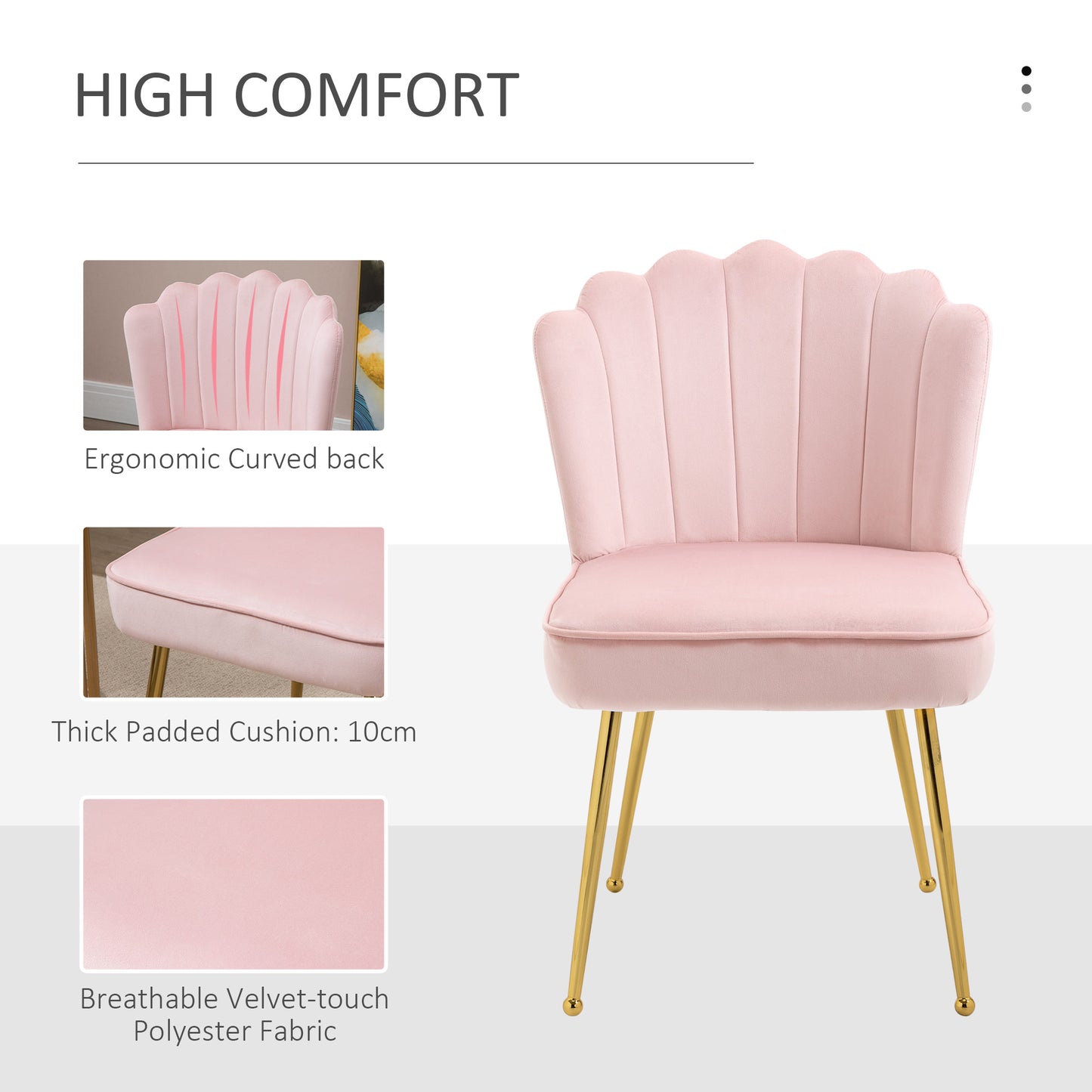 HOMCOM Velvet-Feel Shell Luxe Accent Chair, Glam Vanity Chair Makeup Seat, Home Bedroom Lounge with Metal Legs Comfort Padding, Pink