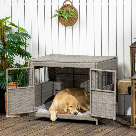 PawHut Wicker Dog Cage, Dog Crate with Double Doors and Soft Washable Cushion for Medium to Large Sized Dogs, 85 x 61 x 70 cm