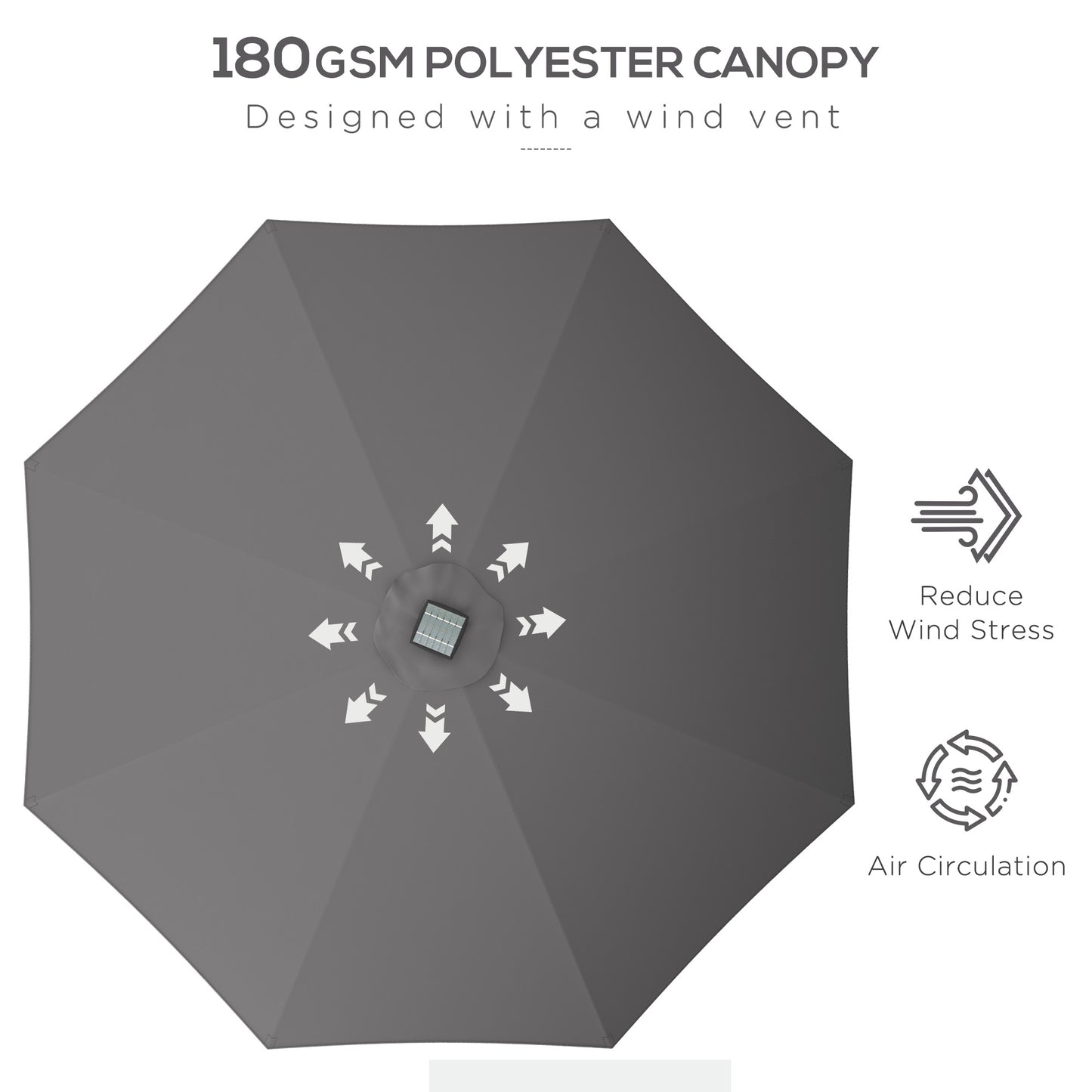 Outsunny Garden Parasol with LED Lights, Solar Charged Patio Umbrella with Crank Handle, for Outdoor, Charcoal Grey