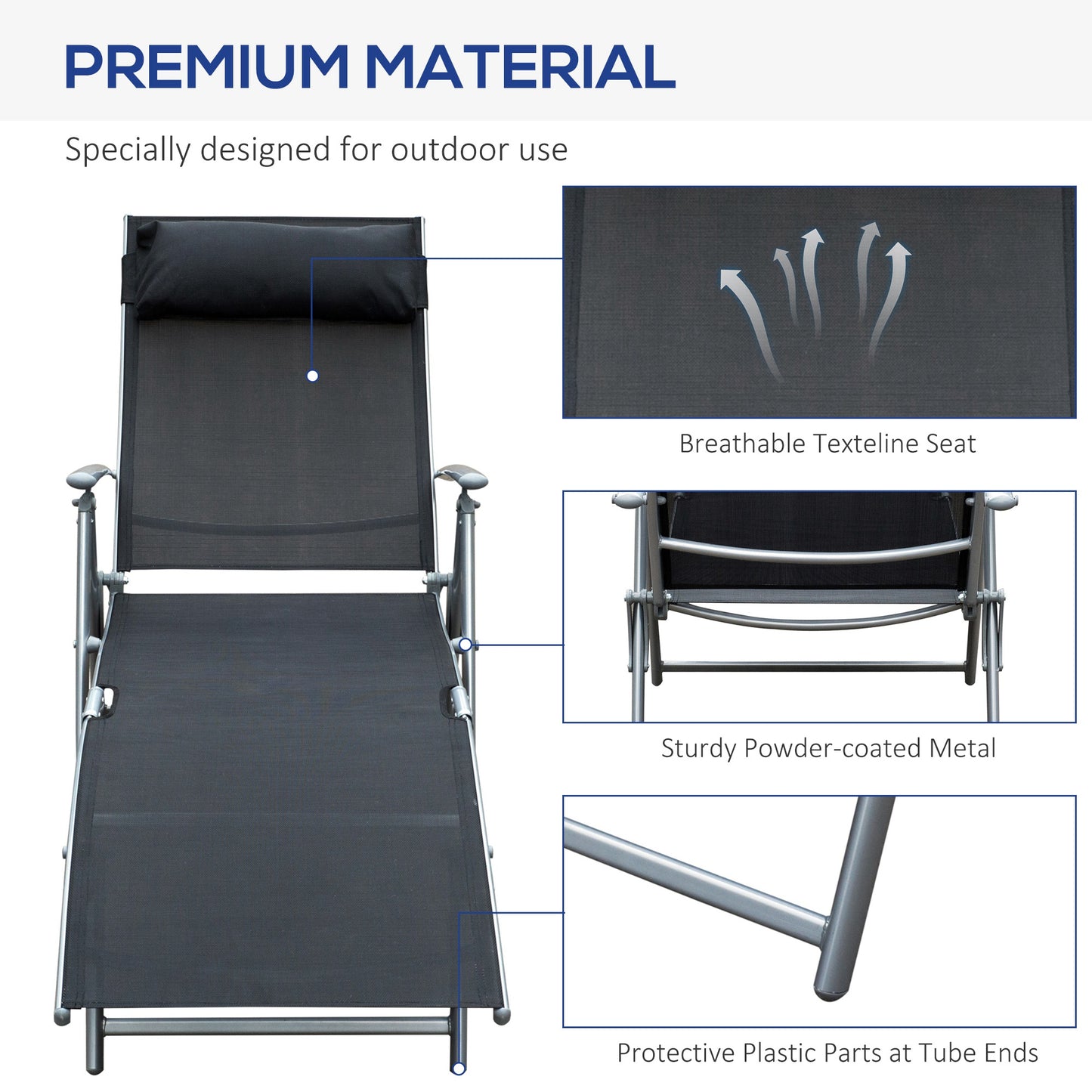 Outsunny Black Sun Lounger Recliner Pillow Foldable Garden 5 Levels Textilene