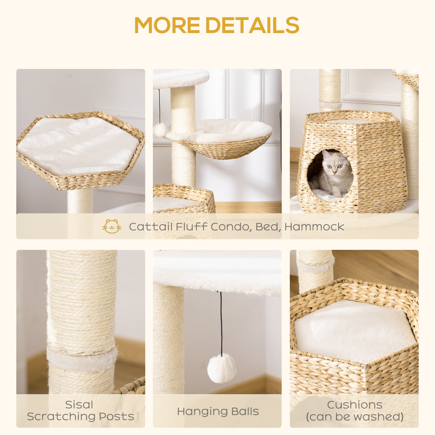 PawHut Cat Tree Tower Climbing Activity Center Kitten Furniture w/ Cattail Fluff Bed Condo Sisal Scratching Post Hanging Ball 50 x 50 x 119cm Natural