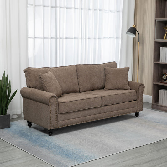 HOMCOM 2 Seater Sofas for Living Room, Fabric Sofa with Nailhead Trim, Loveseat with Cushions and Throw Pillows, Brown