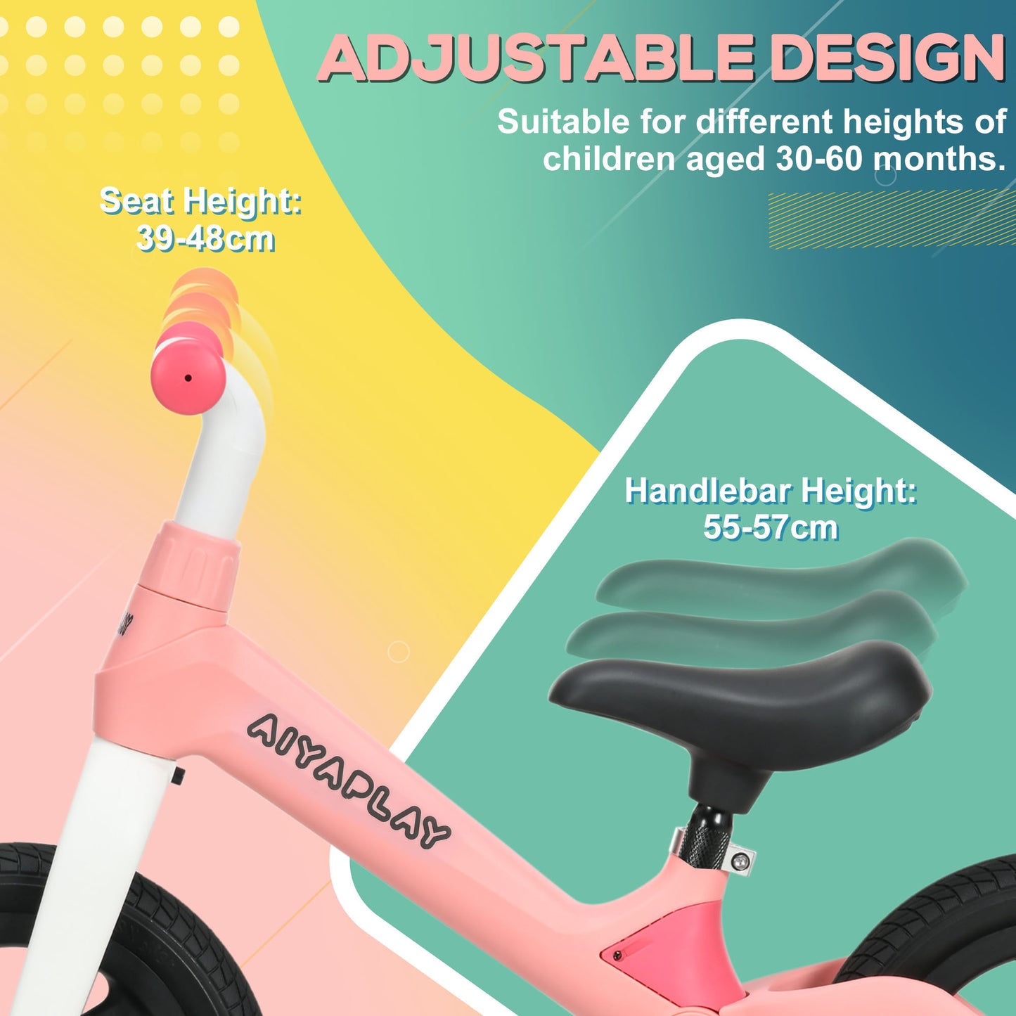 AIYAPLAY Balance Bike with Adjustable Seat and Handlebar, PU Wheels, No Pedal, for Ages 30-60 Months -Pink