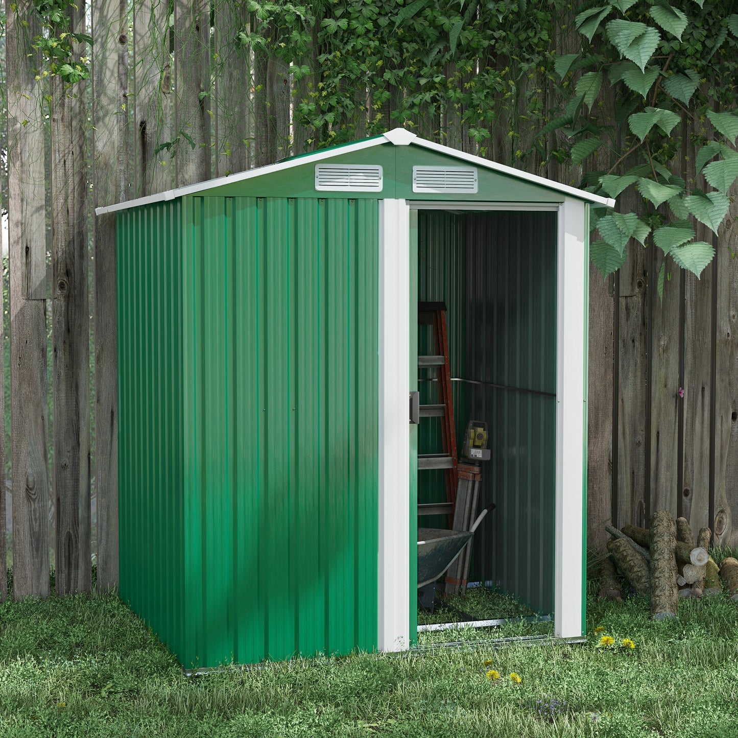 Outsunny Garden Metal Tool Storage Shed with Sliding Door Sloped Roof and Floor Foundation 152 x 132 x 188cm Green