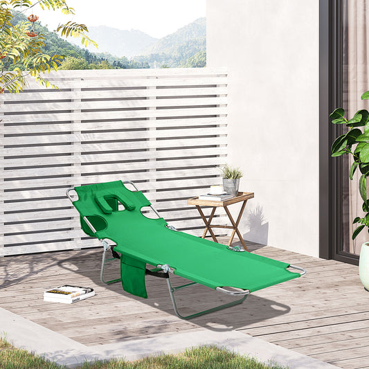 Outsunny Beach Chaise Lounge with Face Cavity & Arm Slots, Portable Sun Lounger, Reclining Lounge Chair for Patio Garden Beach Pool, Green