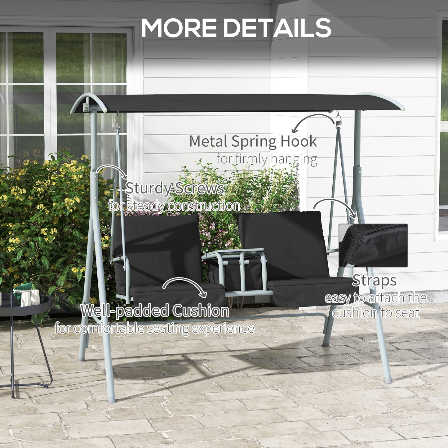 Outsunny 2 Seater Garden Swing Chair Patio Rocking Bench w/ Tilting Canopy, Double Padded Seats, Storage Bag and Tray, Black