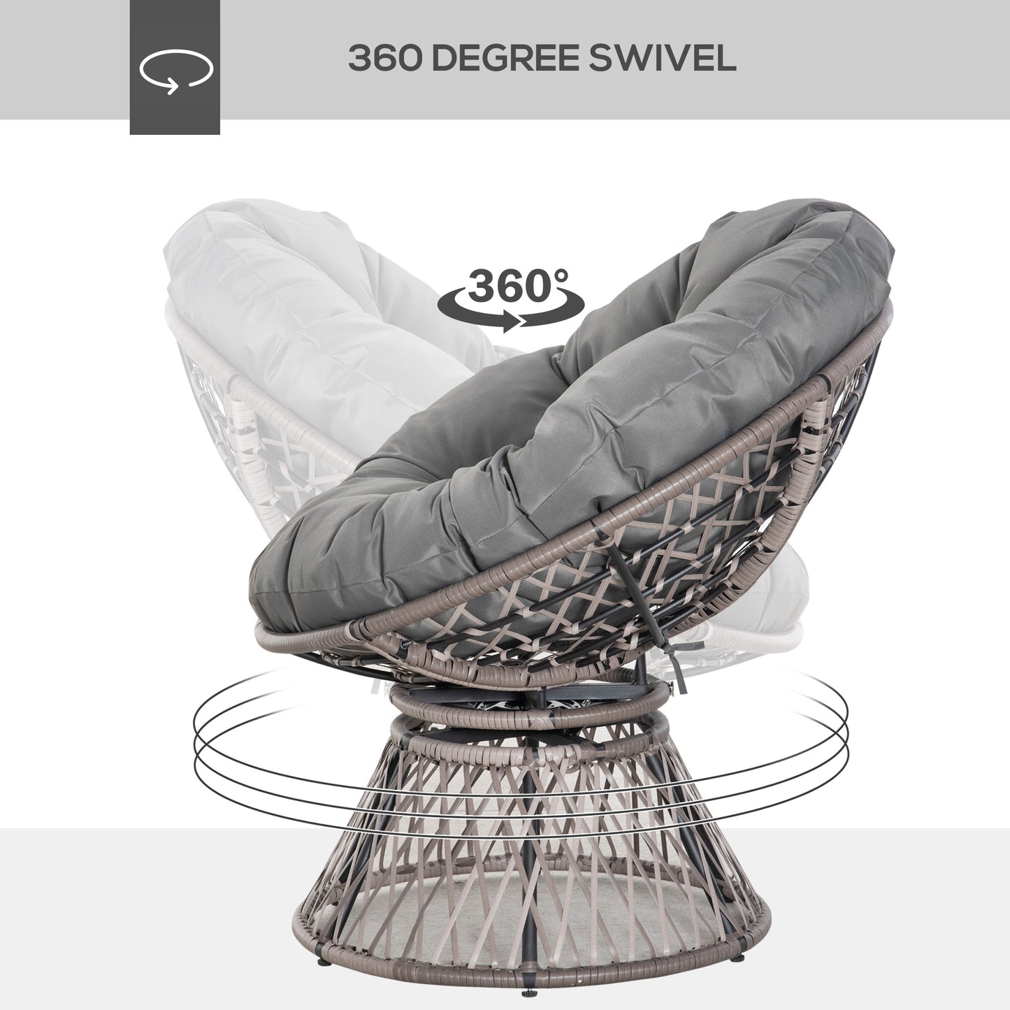 Outsunny 360° Swivel Rattan Papasan Moon Bowl Chair Round Lounge Garden Wicker Basket Seat with Padded Cushion Oversized for Outdoor Indoor, Grey