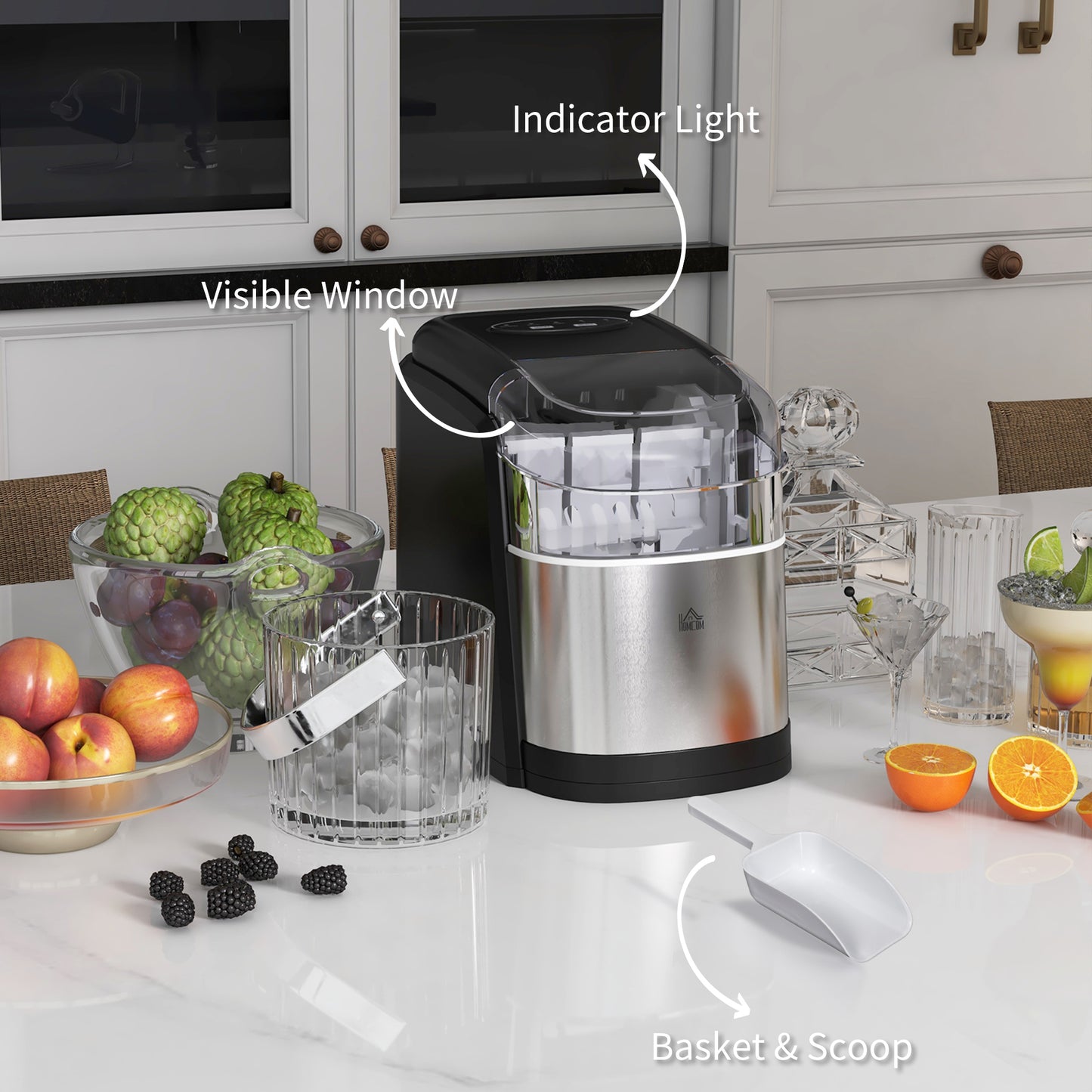 HOMCOM Ice Maker Machine Countertop, 12Kg in 24 Hrs, 9 Cubes Ready in 6-12Mins, Portable Ice Cube Maker with 2 Ice Cube Sizes, Self-Cleaning, Ice Scoop and Basket for Home, Kitchen, Party