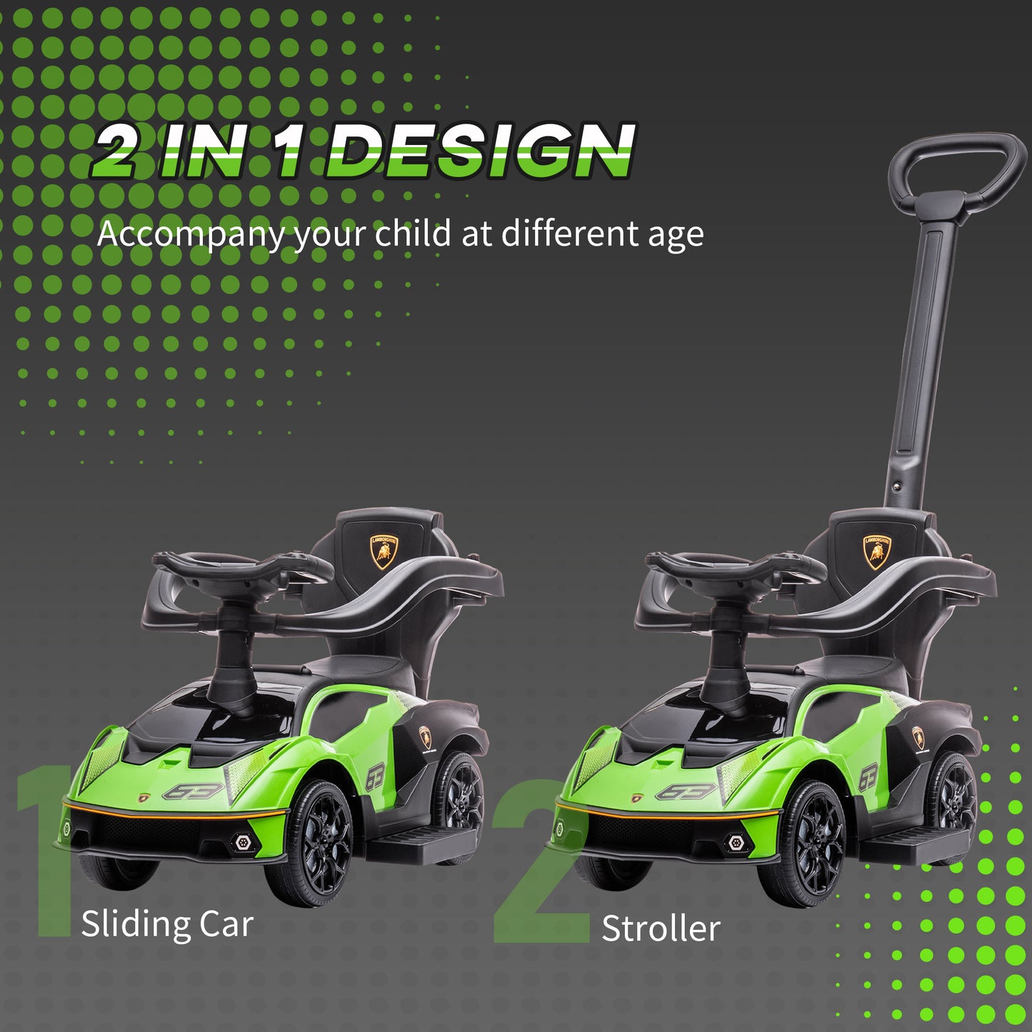 AIYAPLAY 2 in 1 Baby Push Car Lamborghini Licensed Ride On Cars for Toddlers with Horn Engine- Green