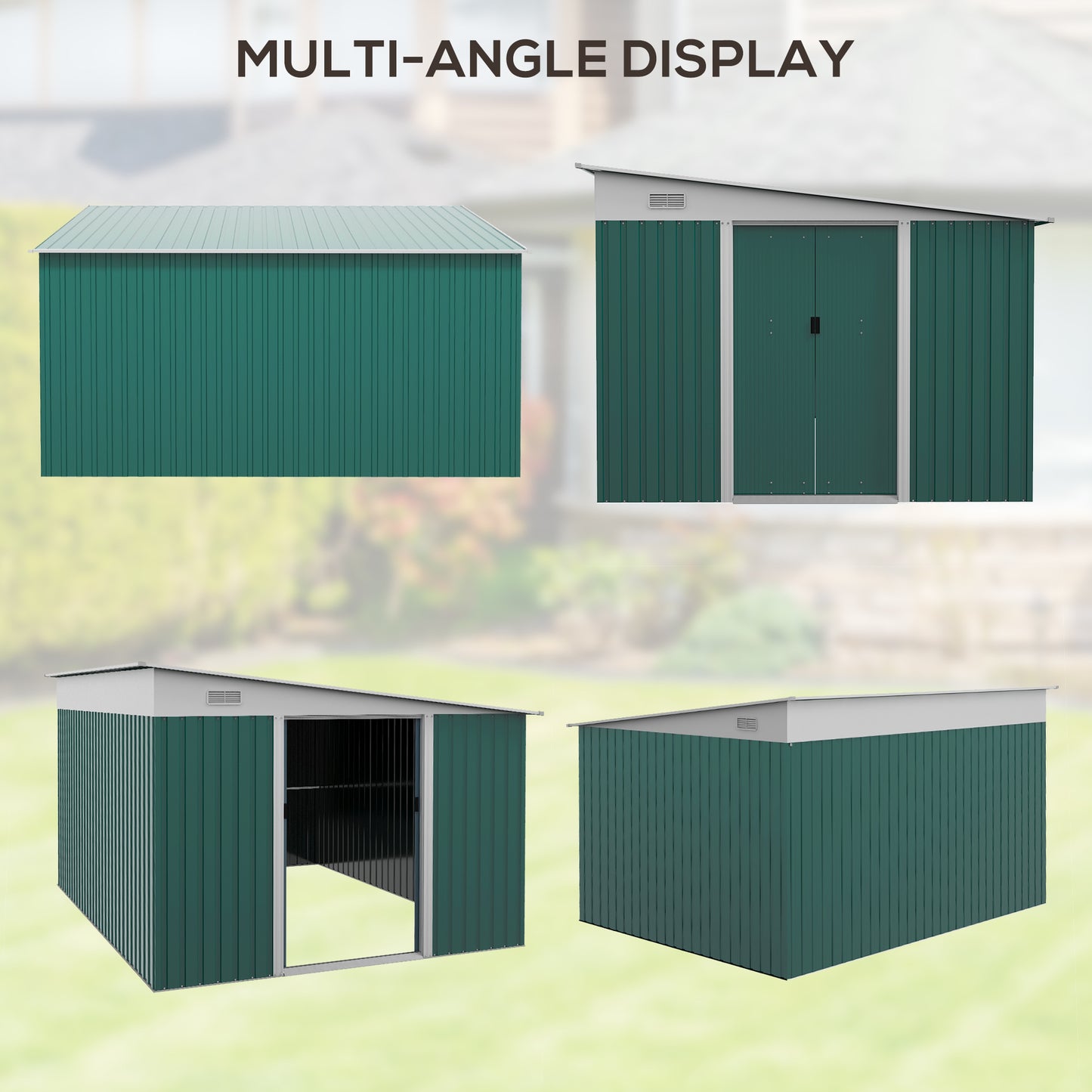 Outsunny Garden Metal Storage Shed Outdoor Metal Tool House with Double Sliding Doors and 2 Air Vents 11.3x9.2ft Green