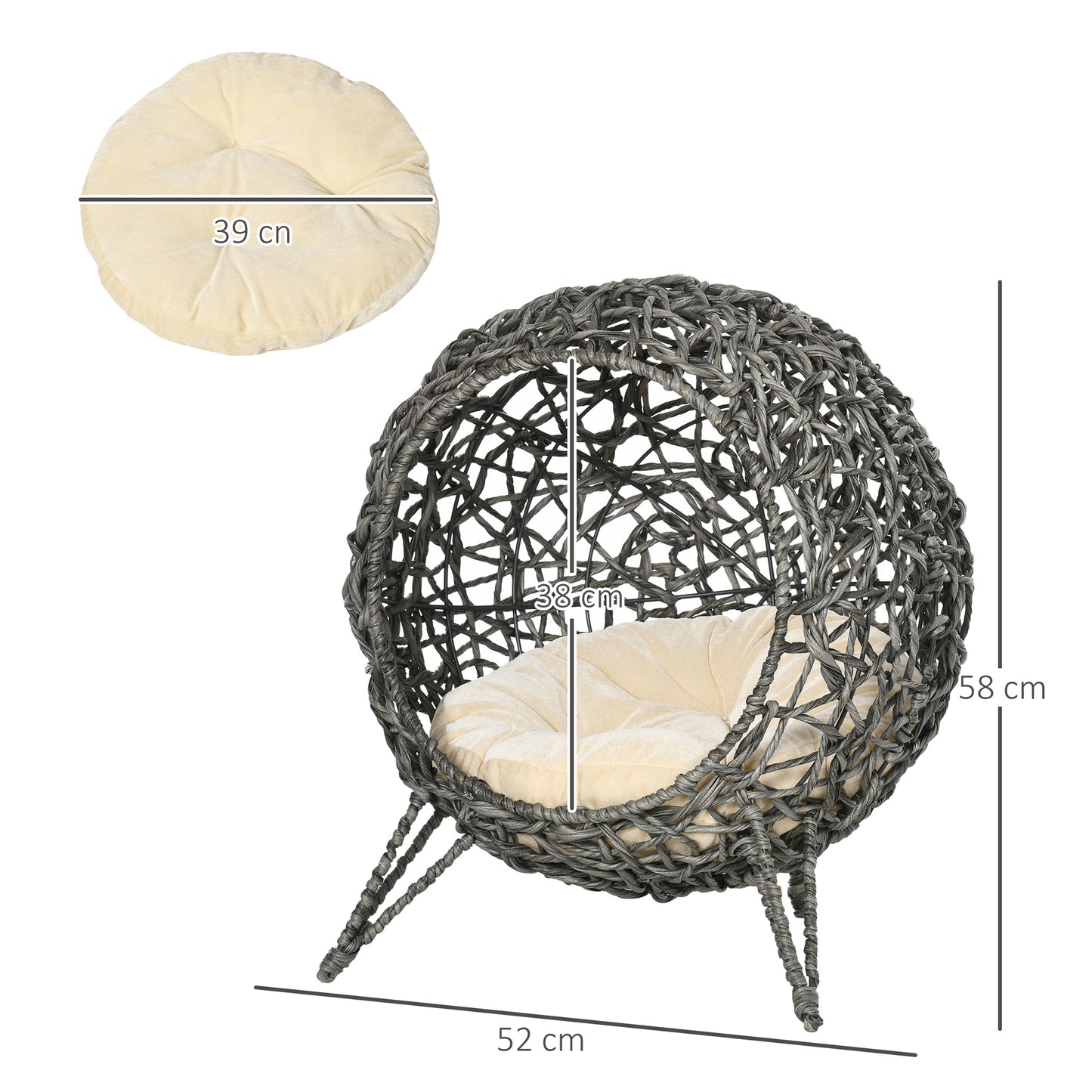 Pawhut Woven Rattan Elevated Cat Bed House Kitten Pussy Basket Ball Shaped Pet Furniture Silver Grey