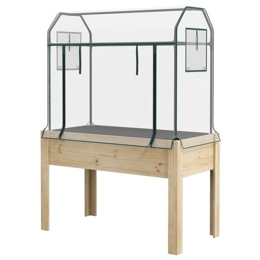 Outsunny Wooden Planter Box with Greenhouse Cover and Bed Liner Raised Garden Bed for Vegetables Flowers Herbs
