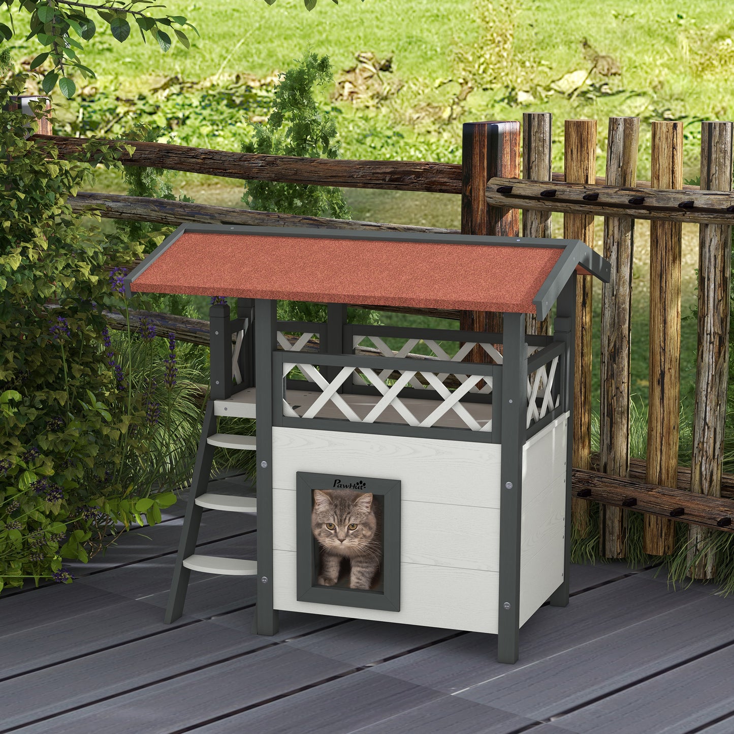 PawHut Cat House Outdoor w/ Balcony Stairs Roof 77 x 50 x 73 cm White