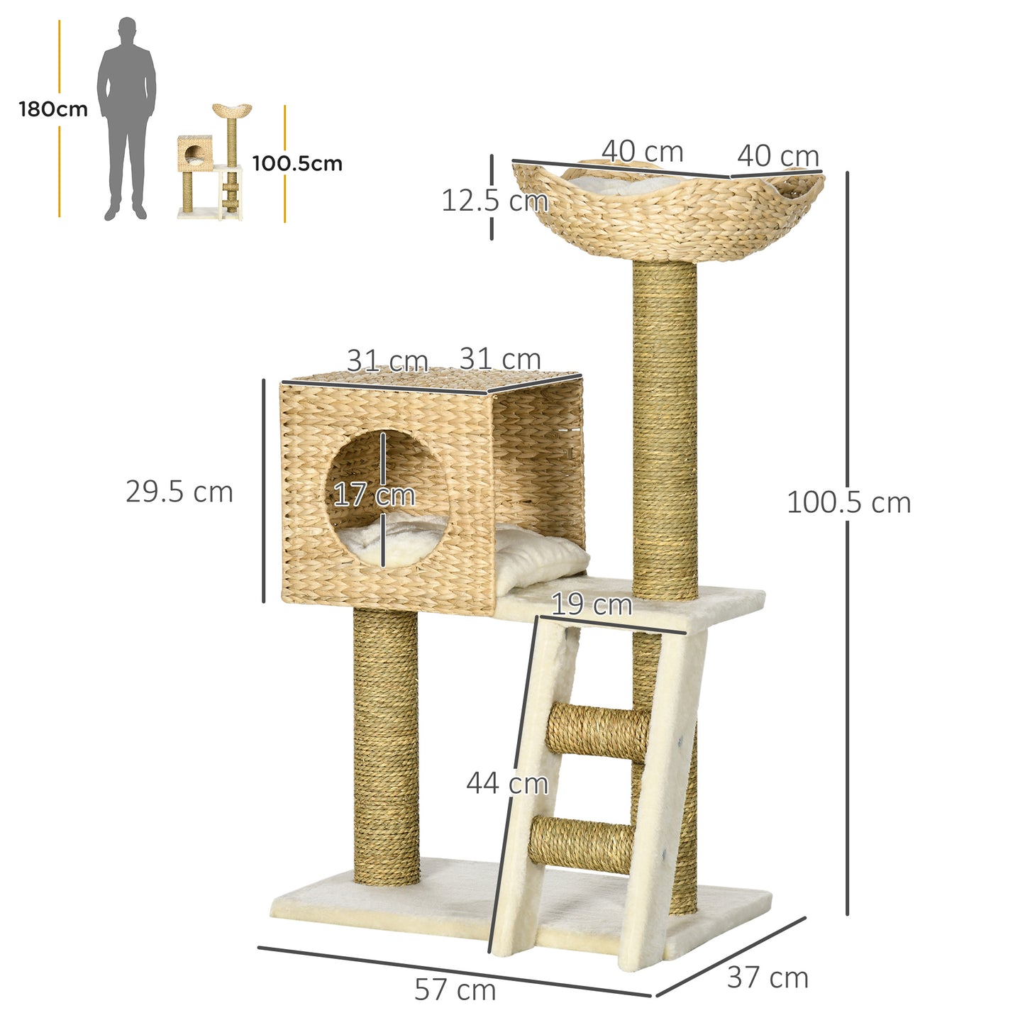 PawHut Cat Tree for Indoor Cats Kitten Tower Cattail Weave with Scratching Posts, Natural, 57 x 37 x 100.5 cm