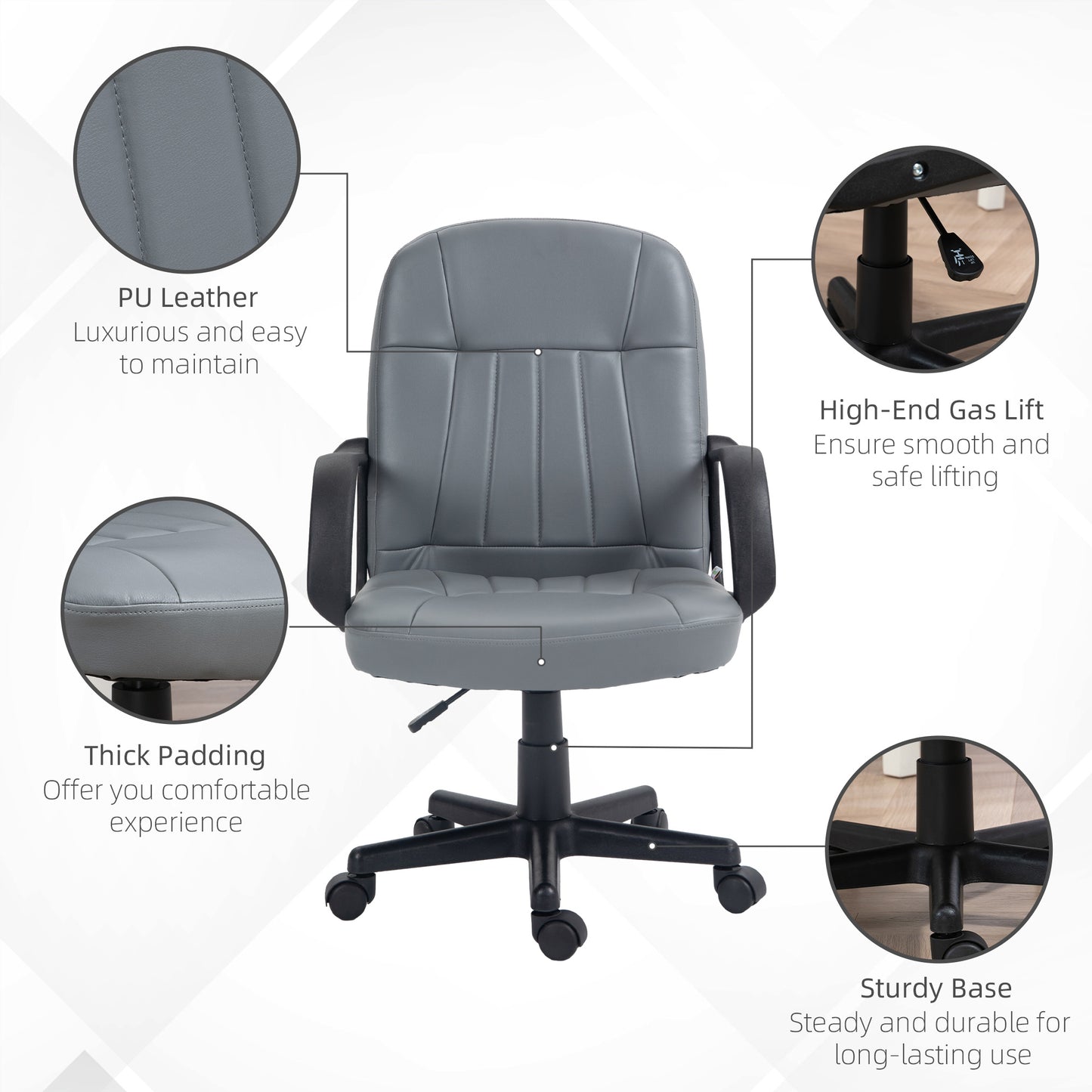 Vinsetto Swivel Executive Office Chair PU Leather Computer Desk Chair Office Furniture Gaming Seater - Grey