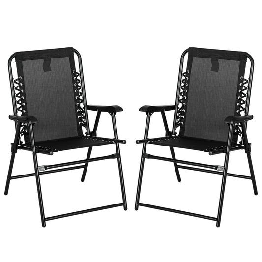 Outsunny 2 Pcs Patio Folding Chair Set, Outdoor Portable Loungers for Camping Pool Beach Deck, Lawn w/ Armrest Steel Frame Black