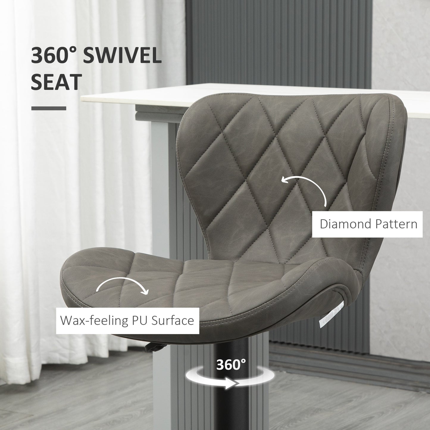 HOMCOM Adjustable Height Bar Stools Set of 2, Swivel Barstools with Backrest and Footrest, Steel Frame Diamond Pattern PU, for Kitchen Counter Dining Room, Dark Grey