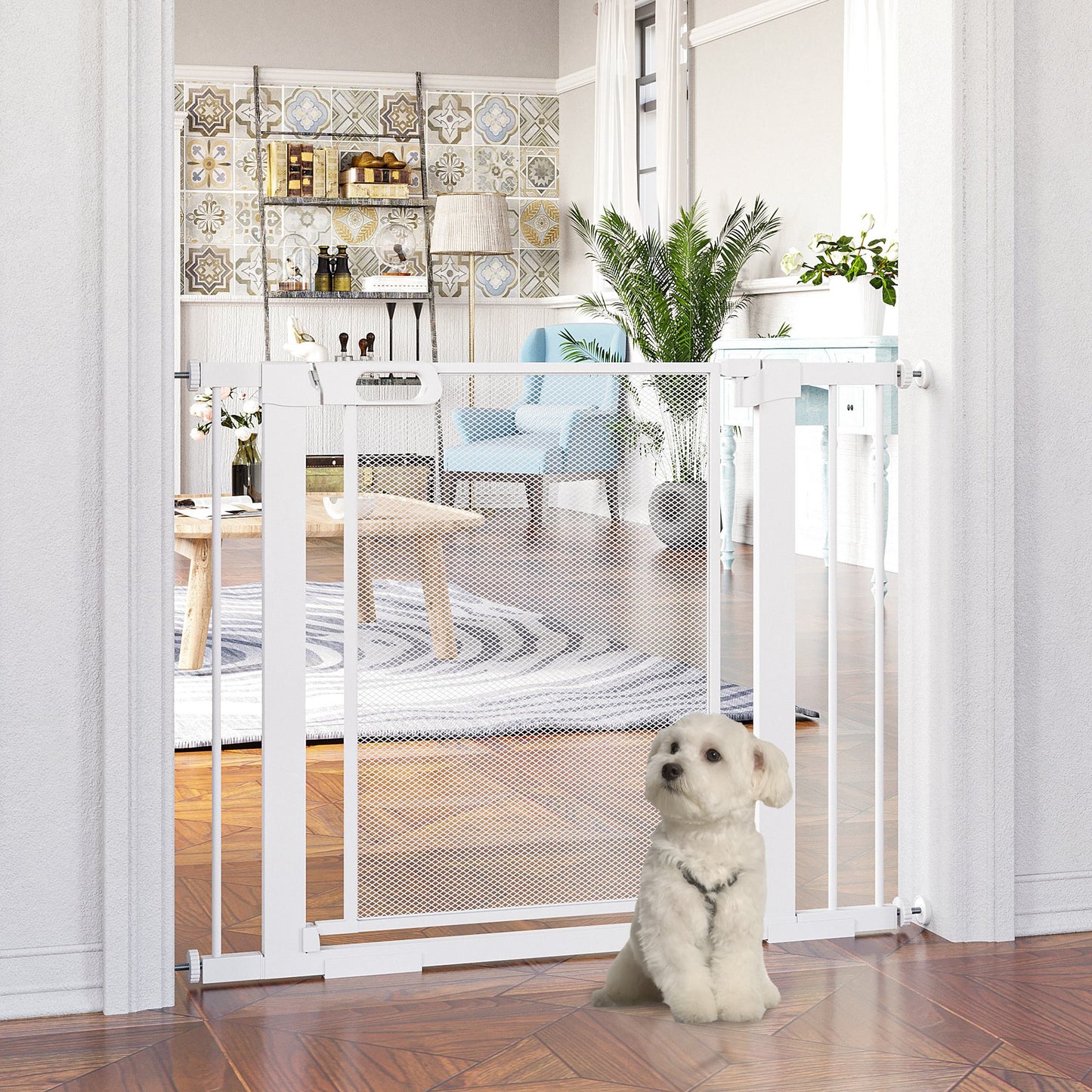 PawHut Pressure Fit Safety Gate for Doorways and Staircases, Dog Gate w/ Auto Closing Door White