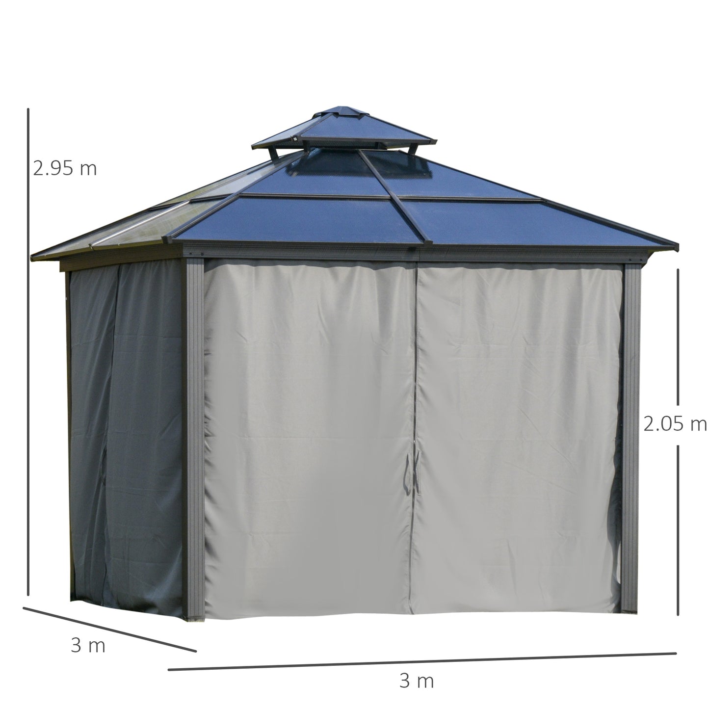 Outsunny 3 x 3(m) Polycarbonate Hardtop Patio Gazebo Canopy Outdoor Pavilion with Double-Tier Roof, Stable Steel Frame, Curtains & Net Sidewalls