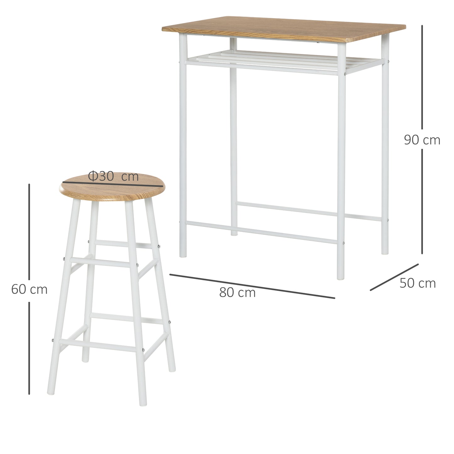 HOMCOM 3 Pieces Bar Height Dining Furniture Set with 1 Table and 2 Matching Chairs with Metal Frame Footrest and Storage Shlef, for Kitchen, Dining Room, Pub, Cafe, White and Oak 3-Piece Kitchen Home Pub Cafe