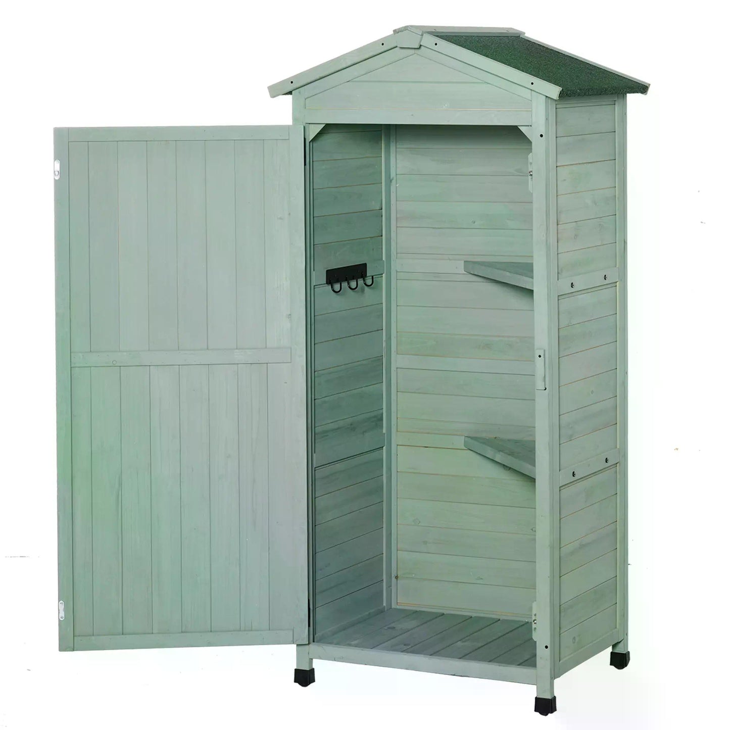 Outsunny Wooden Garden Shed, Outdoor Storage Cabinet with 2 Shelves and Hooks, Locking Organiser Outdoor Narrow Tool House, 74x55x155cm, Green