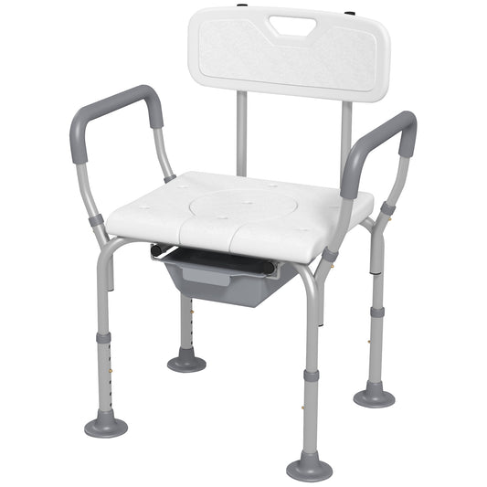 HOMCOM Height Adjustable Shower Stool with Arms and Back NonSlip Bedside Commode with Detachable Bucket for Elderly White