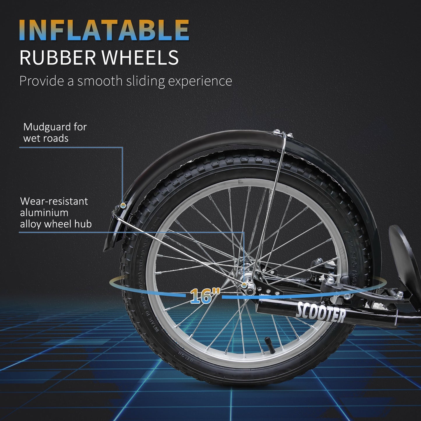 HOMCOM Kids Kick Scooter Teen Ride On Children Scooter with Adjustable Handlebar 2 Brakes Basket Cupholder Mudguard 16" Inflatable Rubber Tyres for 5-12 years old Orange w/ Wheel Brake