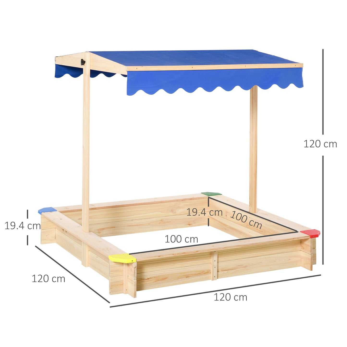 Outsunny Square Wooden Kids Sandpit Children Cabana Sandbox Outdoor Backyard Playset