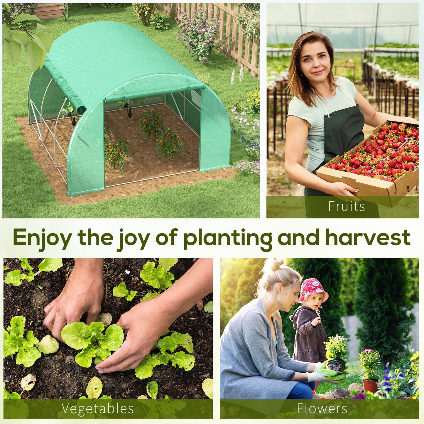 Outsunny Polytunnel Greenhouse Walkin Grow House Tent with Rollup Sidewalls Zipped Door and 6 Windows 3x3x2m Green