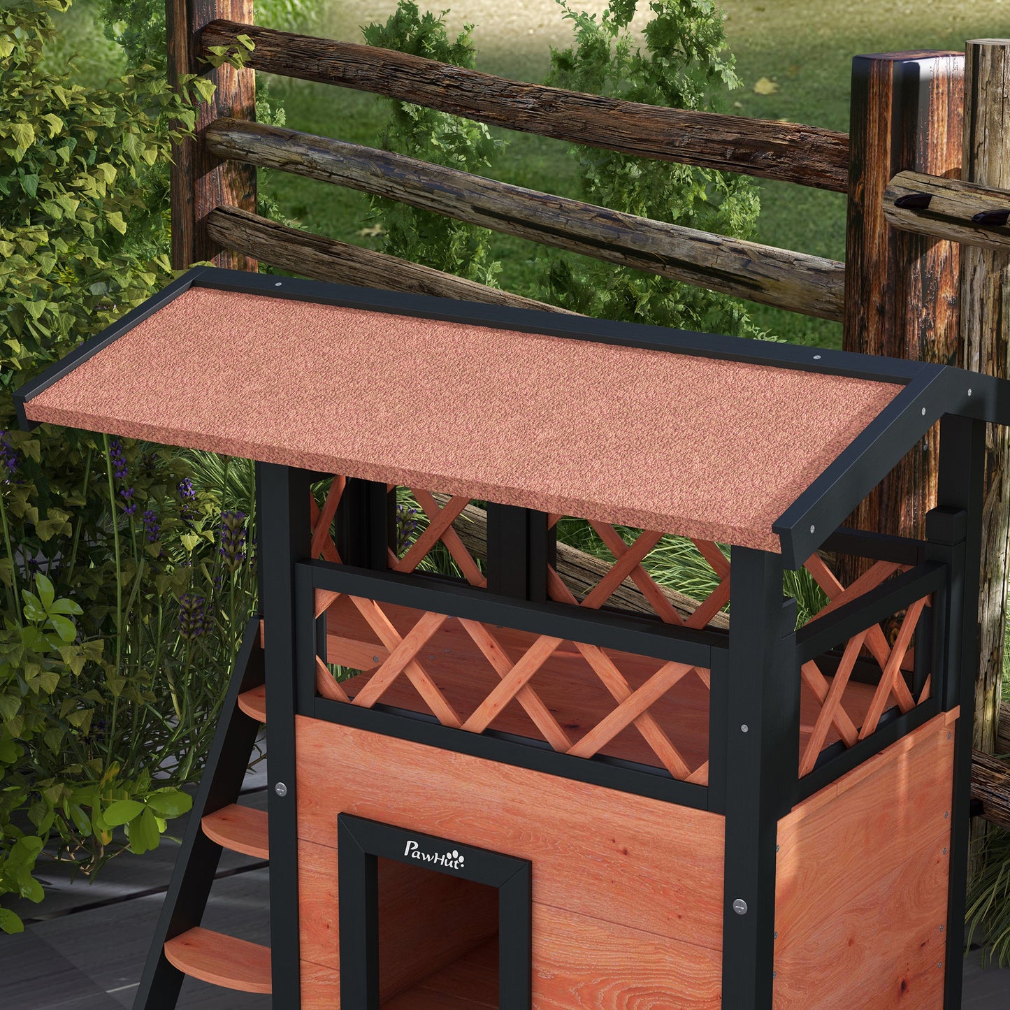 PawHut Cat House Outdoor w/ Balcony Stairs Roof 77 x 50 x 73 cm Brown