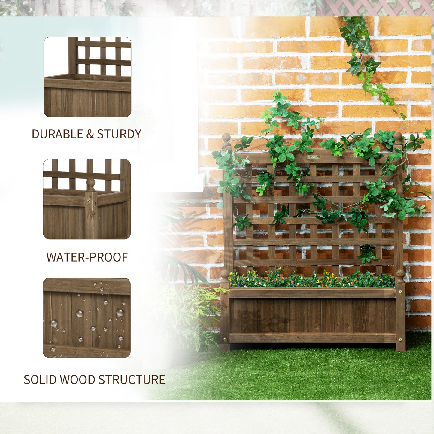 Outsunny Garden Planters with Trellis for Climbing Vines, Wood Raised Beds for Garden, Flower Pot, Indoor Outdoor, Brown