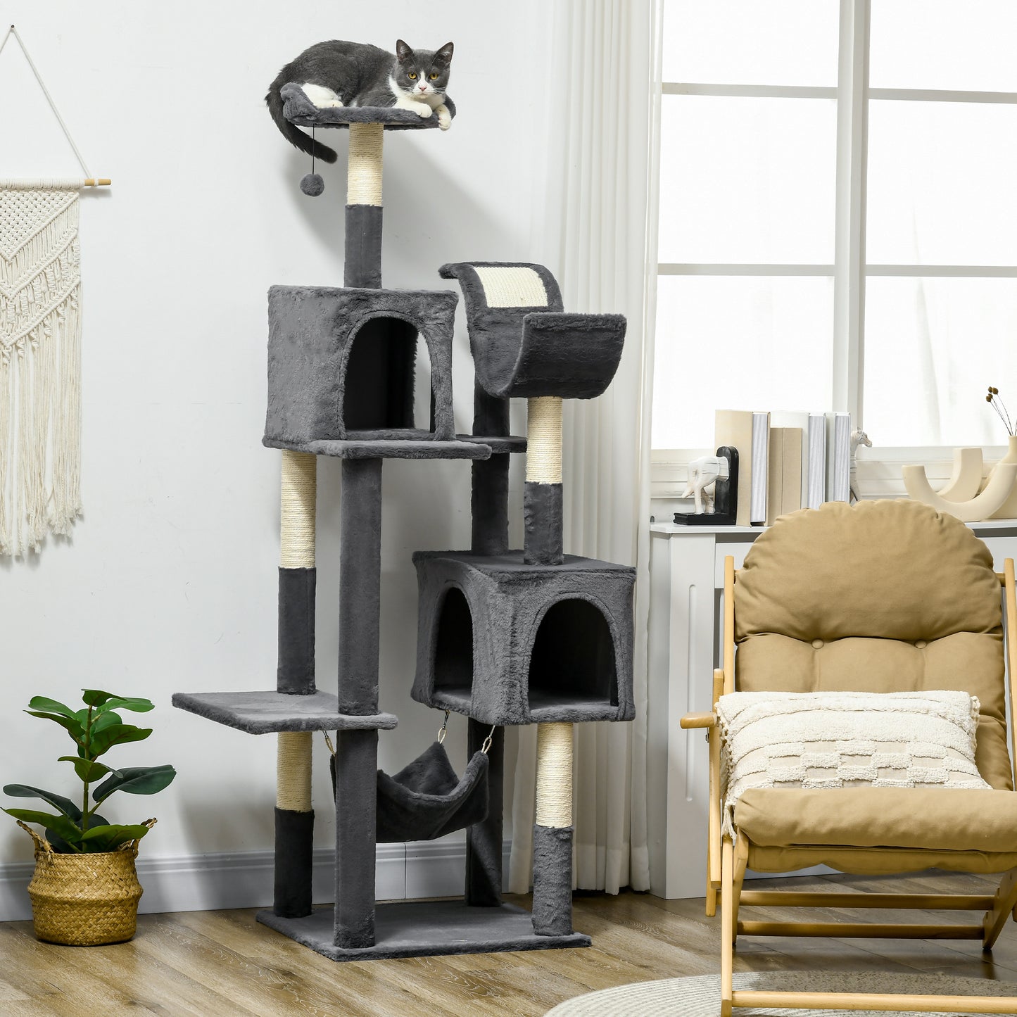 PawHut 177cm Cat Tree with Scratching Post Hammock Cat House Dark Grey