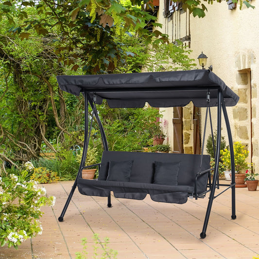 Outsunny Outdoor 2-in-1 Patio Swing Chair Lounger 3 Seater Garden Bench Hammock Bed Convertible Tilt Canopy W/ Cushion, Dark Grey Cushion