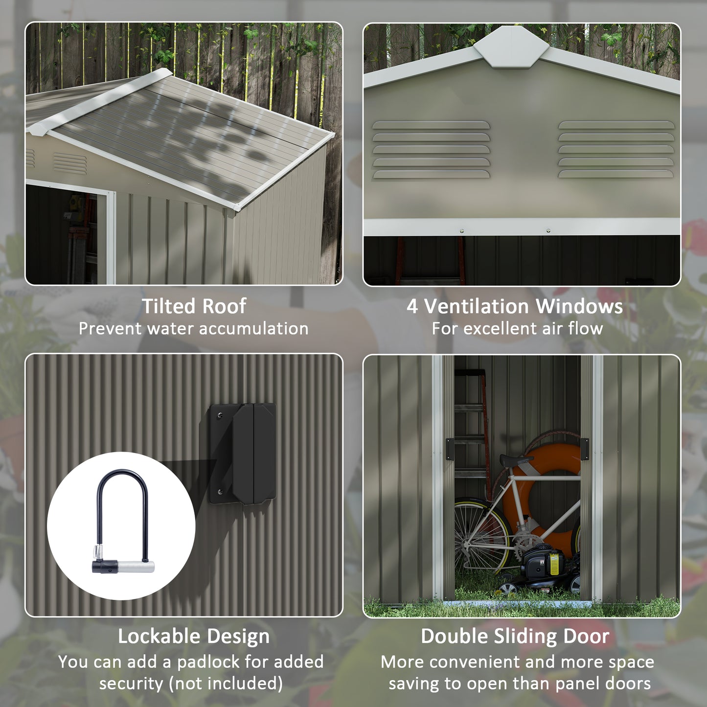 Outsunny 8 x 6ft Outdoor Garden Storage Shed Metal Tool House with Ventilation and Sliding Doors Light Grey