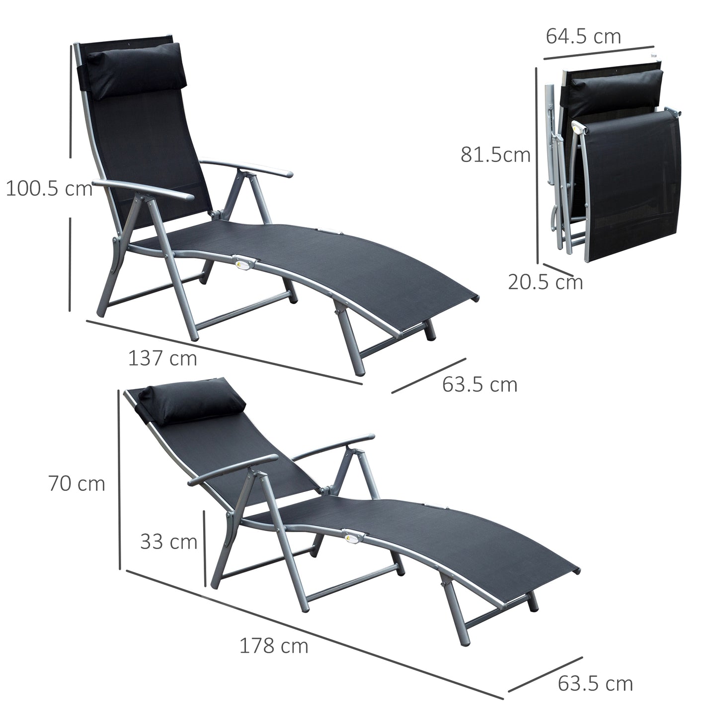 Outsunny Black Sun Lounger Recliner Pillow Foldable Garden 5 Levels Textilene