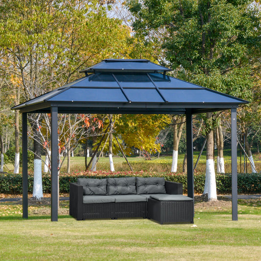 Outsunny 3.6 x 3(m) Polycarbonate Hardtop Patio Gazebo Canopy Outdoor Pavilion with Double-Tier Roof, Stable Steel Frame, Curtains & Net Sidewalls