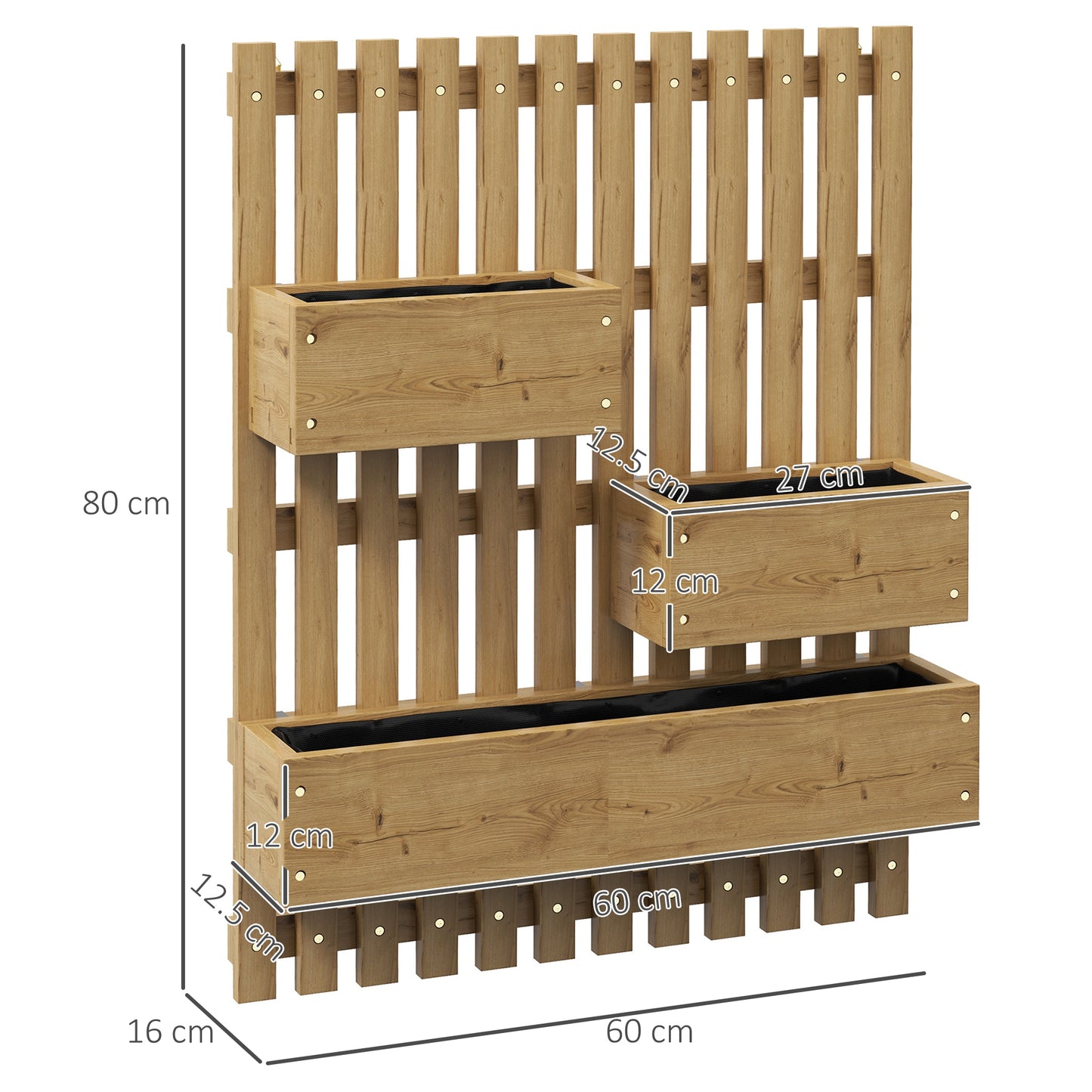 Outsunny Wallmounted Wooden Garden Planters with Trellis Drainage Holes and 3 Planter Boxes for Patio Carbonised