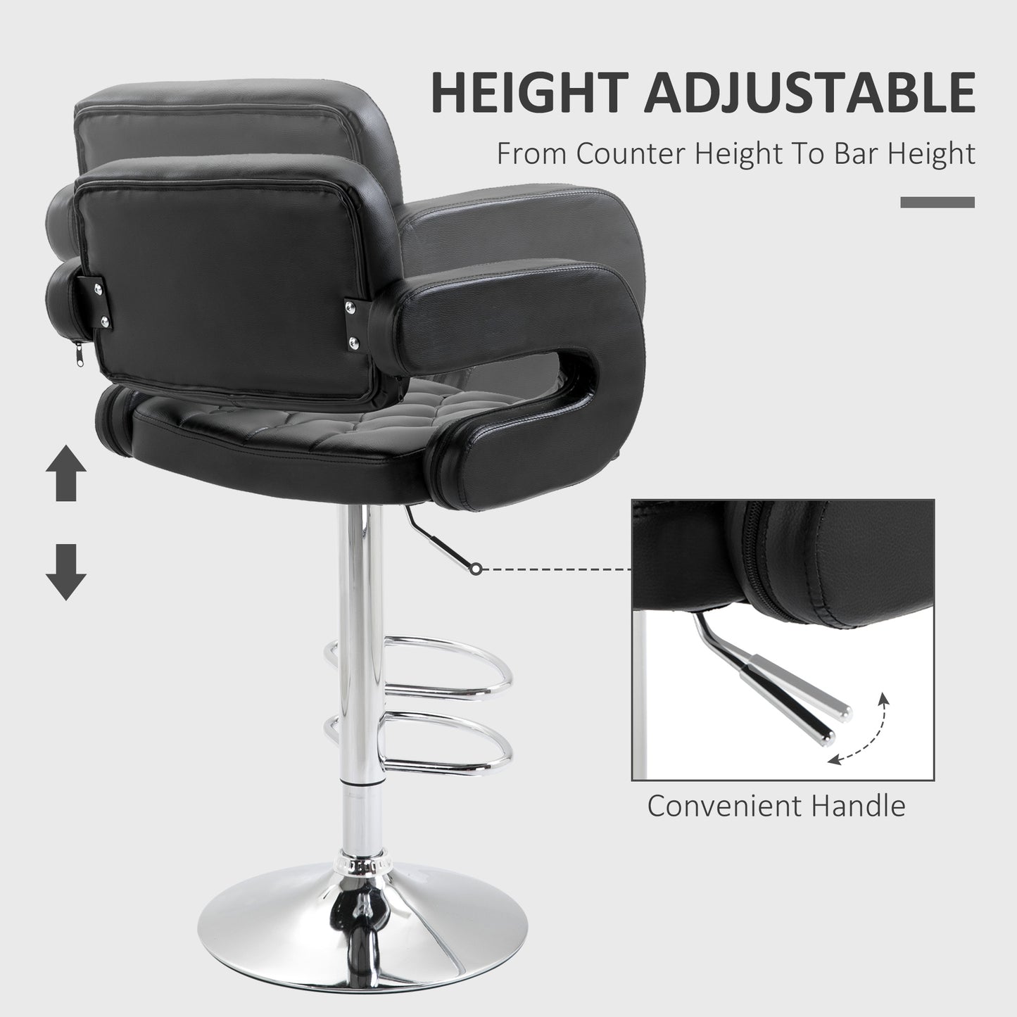 HOMCOM PU Leather Upholstered Swivel Bar Stool Height Adjustable Barstool with Back Armrest Footrest for Kitchen